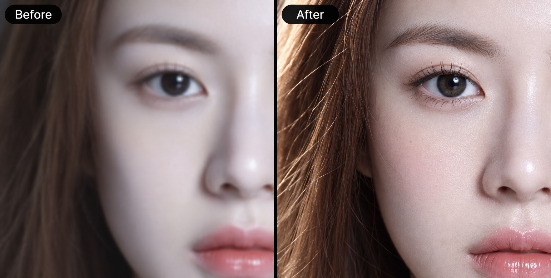 Close-up before and after skin retouching of a young woman's face