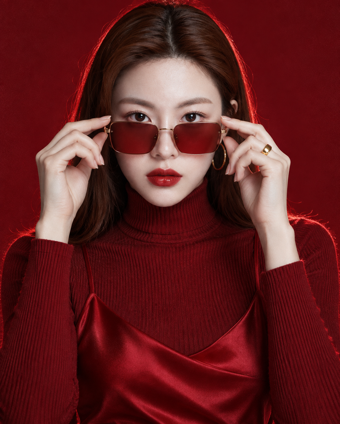 红色调高级时尚成年女性肖像摄影
