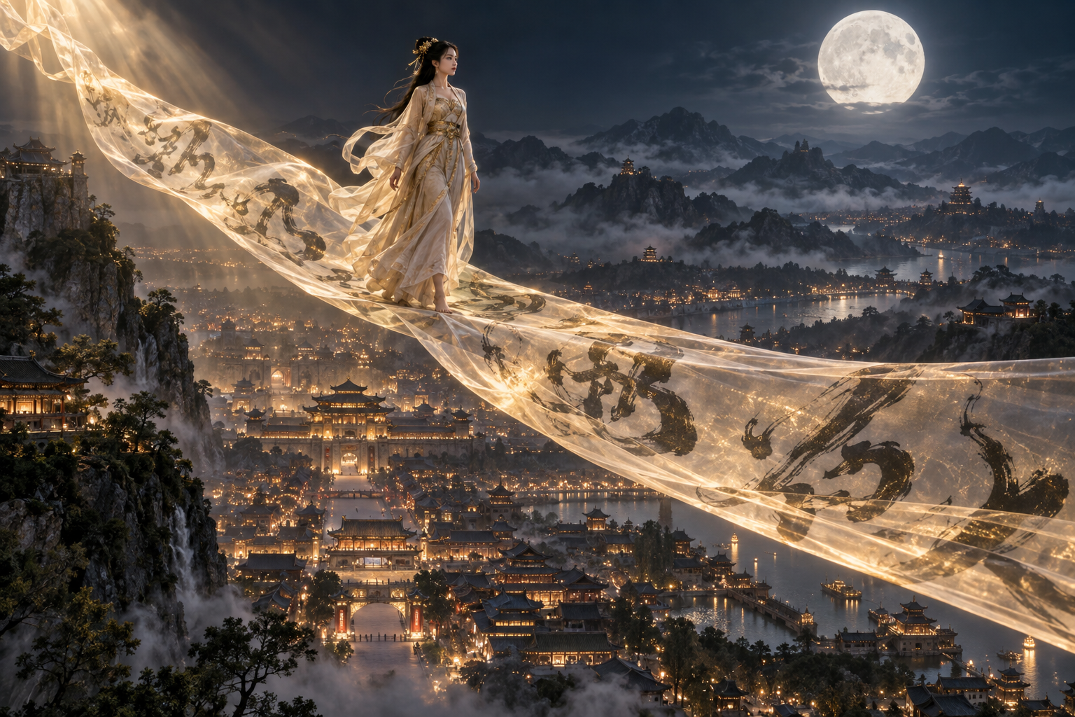 叙事詩風の衣装をまとった成人女性が透明な絹で古城の夜景を歩む