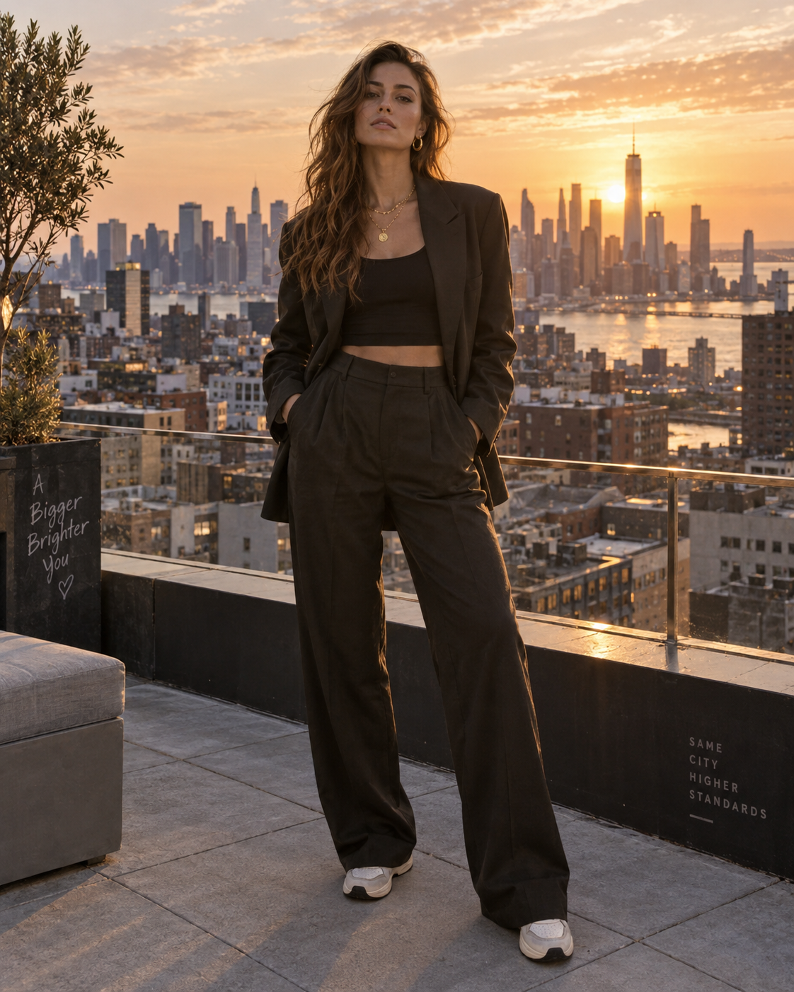 Style streetwear luxueux sur un toit au coucher du soleil