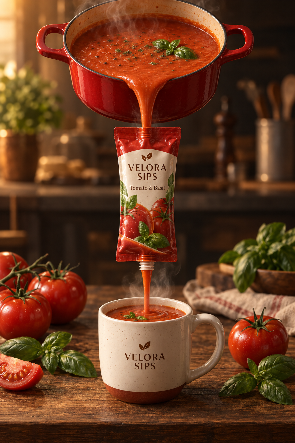 Рекламный постер VELORA SIPS с томатно-базиликовым супом