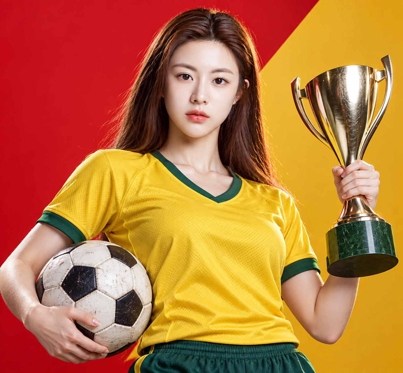 Affiche publicitaire fictive de champion de football rouge et or