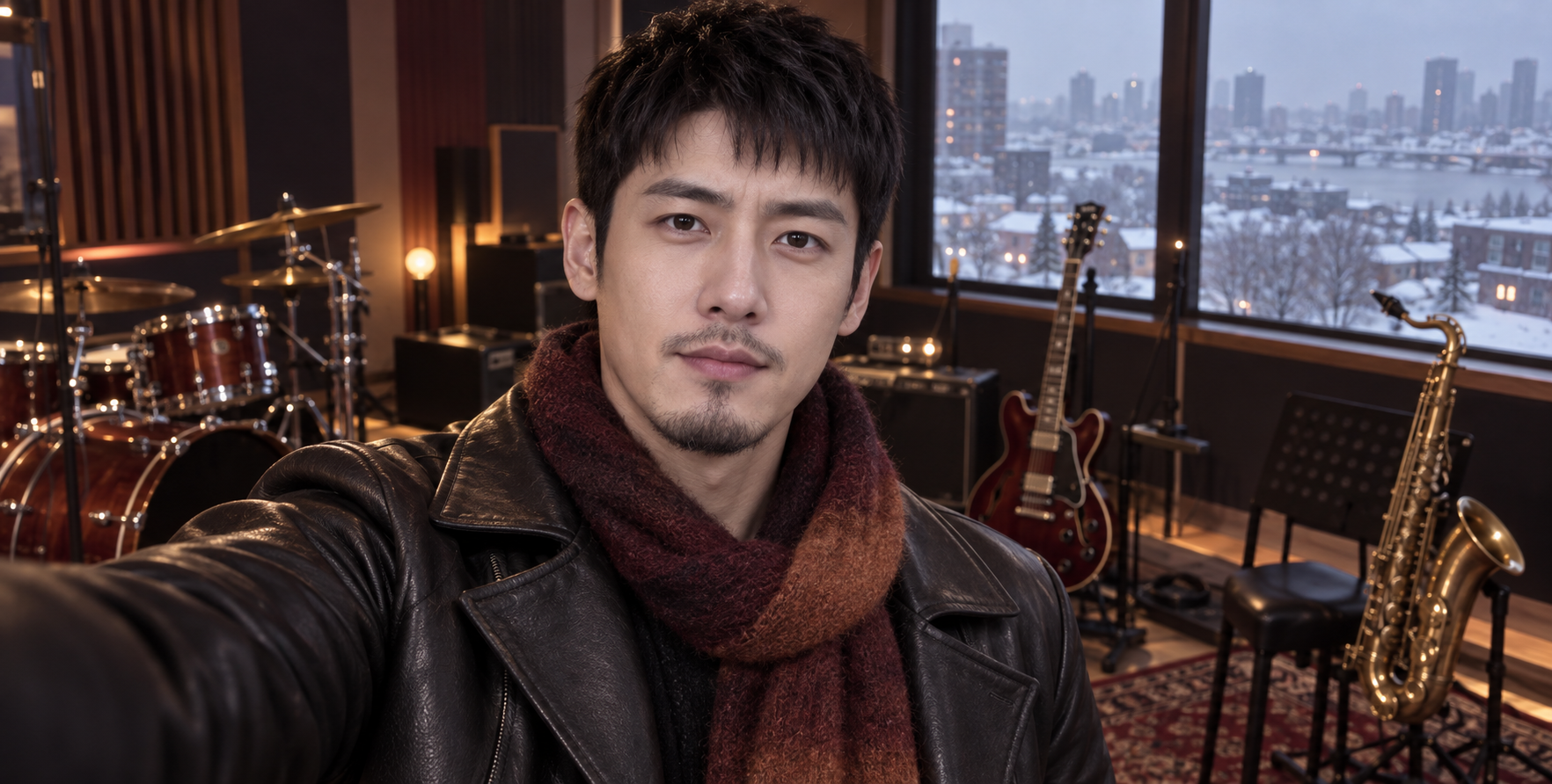 Confident man in a black leather coat taking a selfie in a recording studio