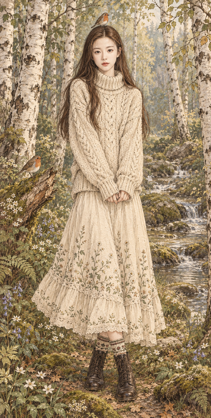 Illustration rétro d'une fille dans une forêt de bouleaux