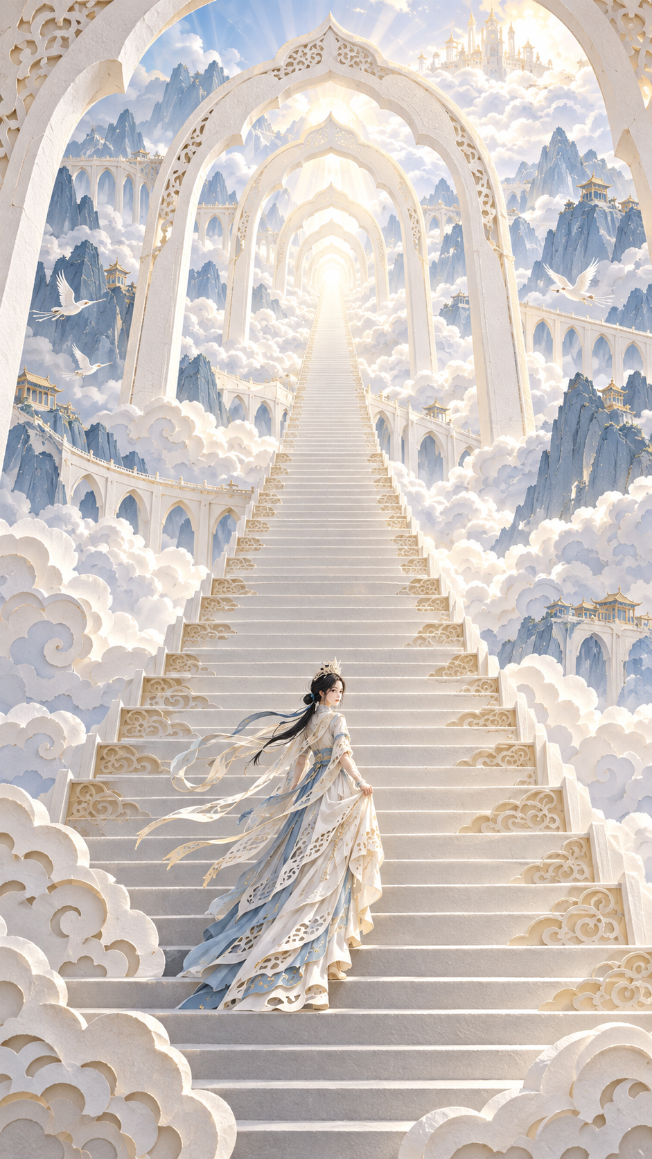 Art de sculpture en papier 3D : l'escalier infini du rêve d'une femme orientale