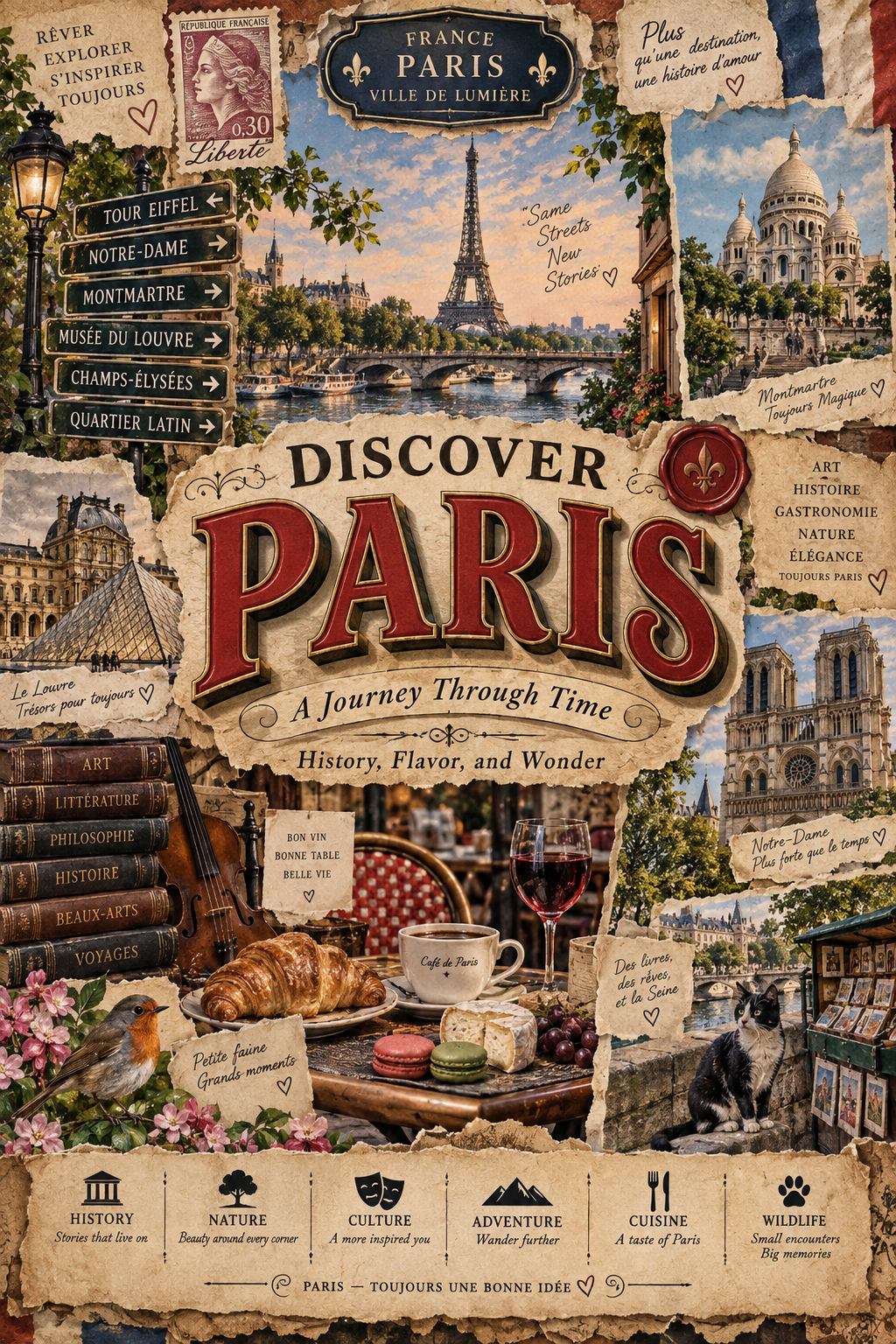 ヴィンテージ・コラージュ切り絵風旅行ポスター
