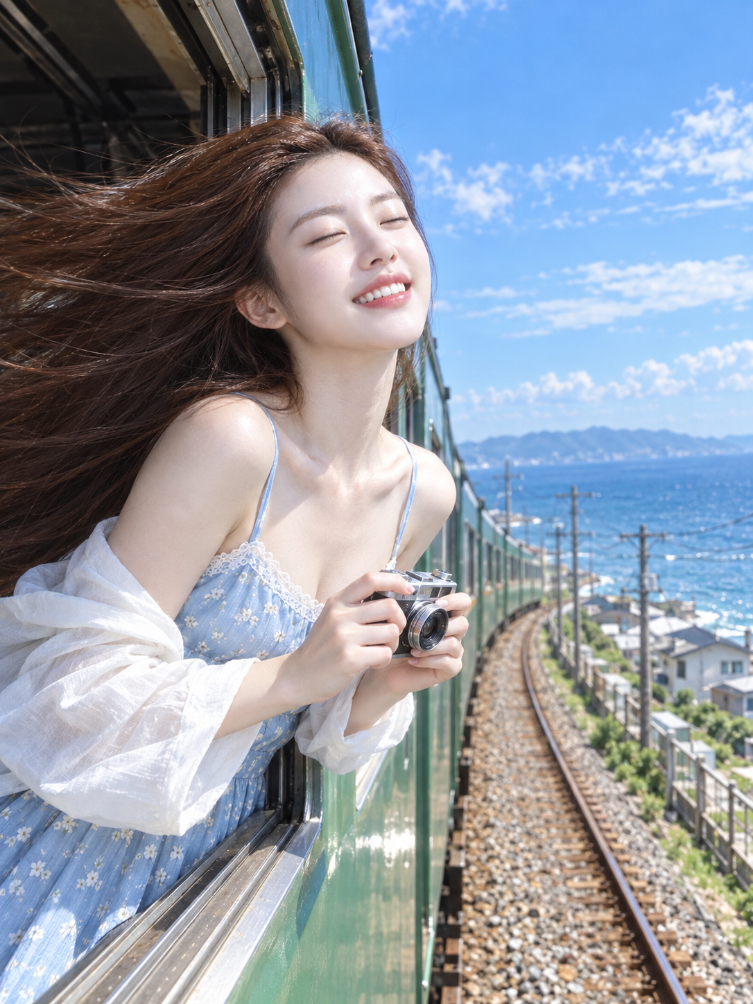 La brise marine par la fenêtre et la fille à l'appareil photo