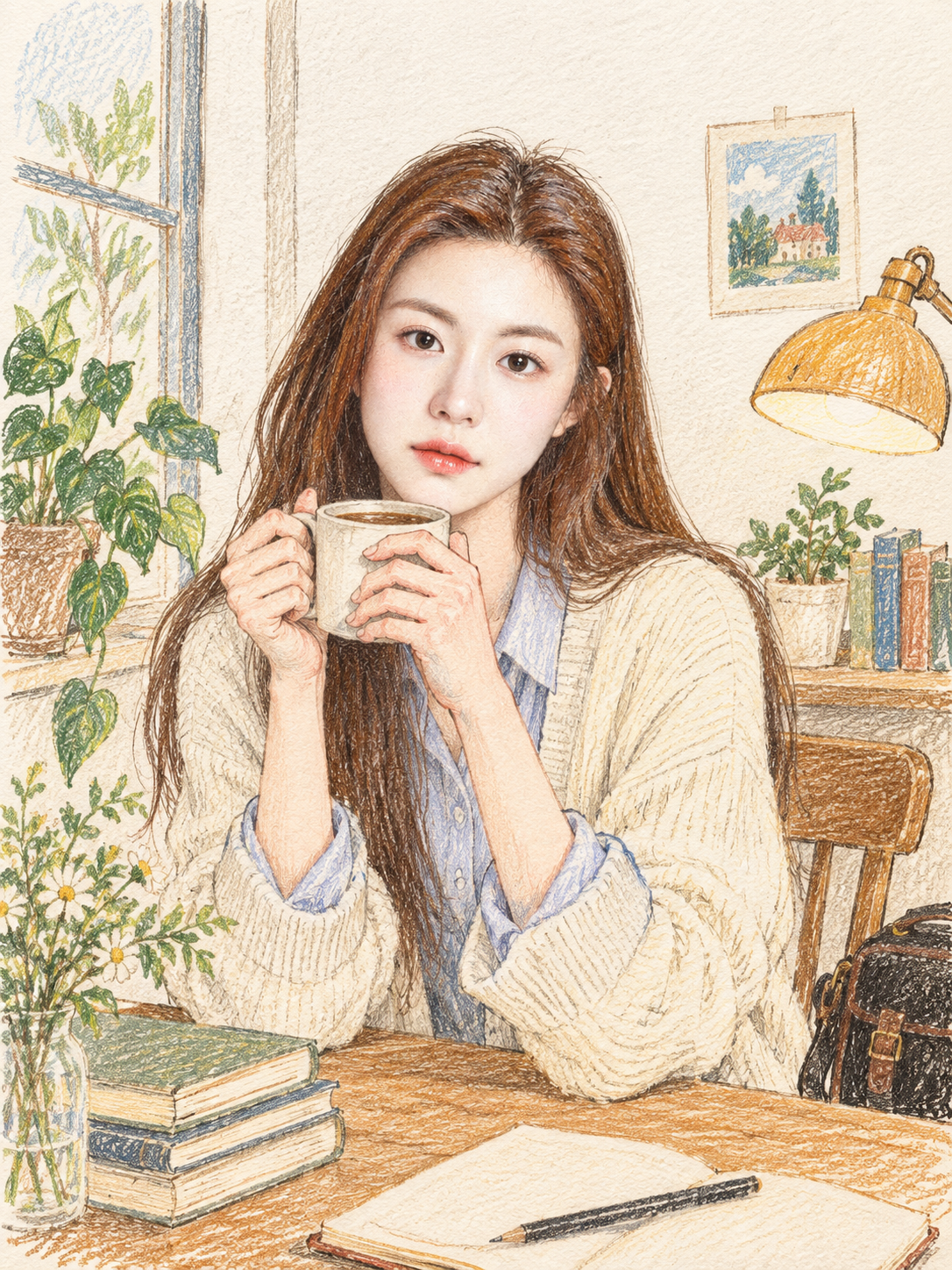 Illustration de magazine japonais chaleureuse et apaisante au crayon de couleur
