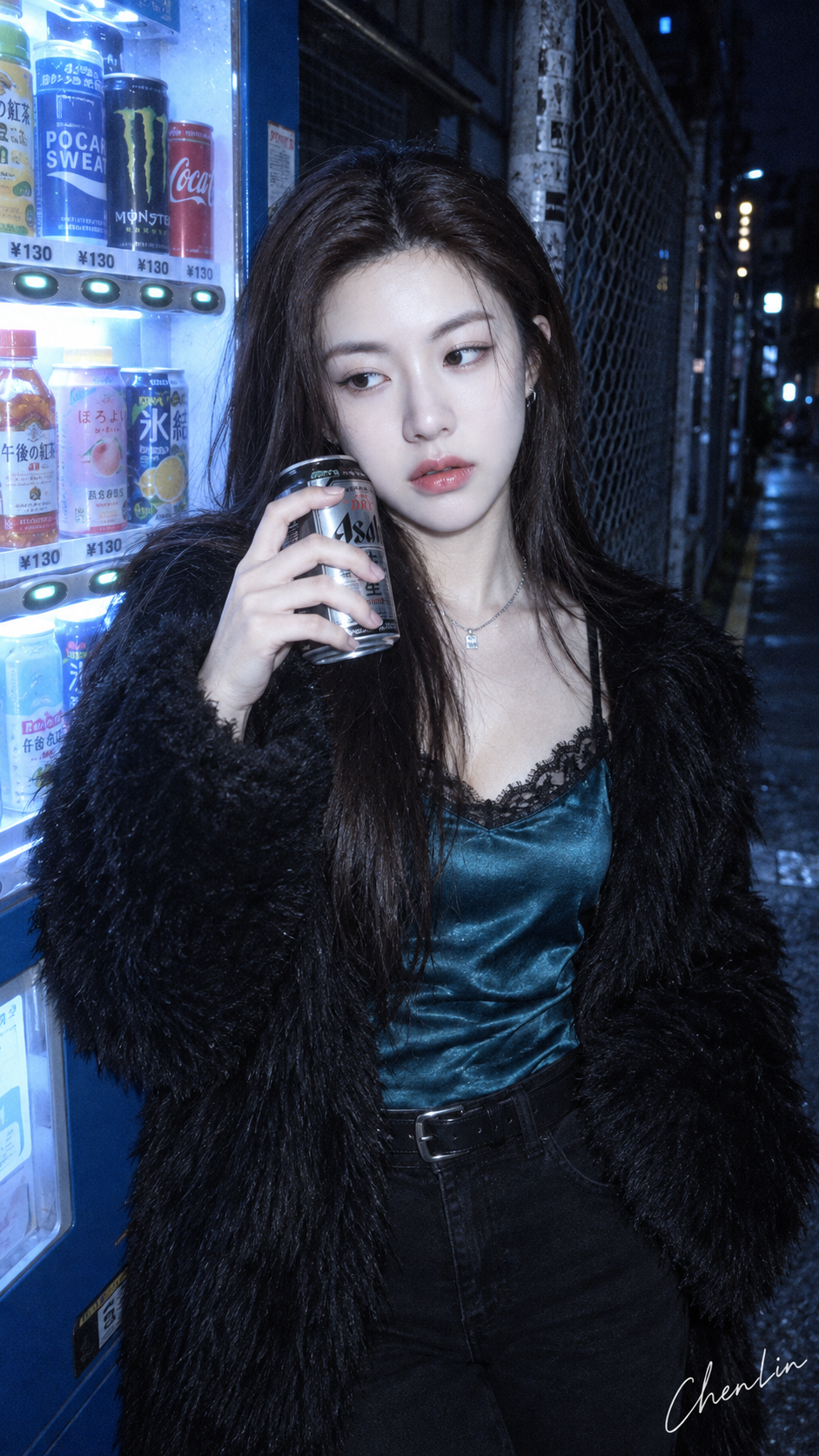 韓国風クールブルーの夜街CCD直射フラッシュポートレート