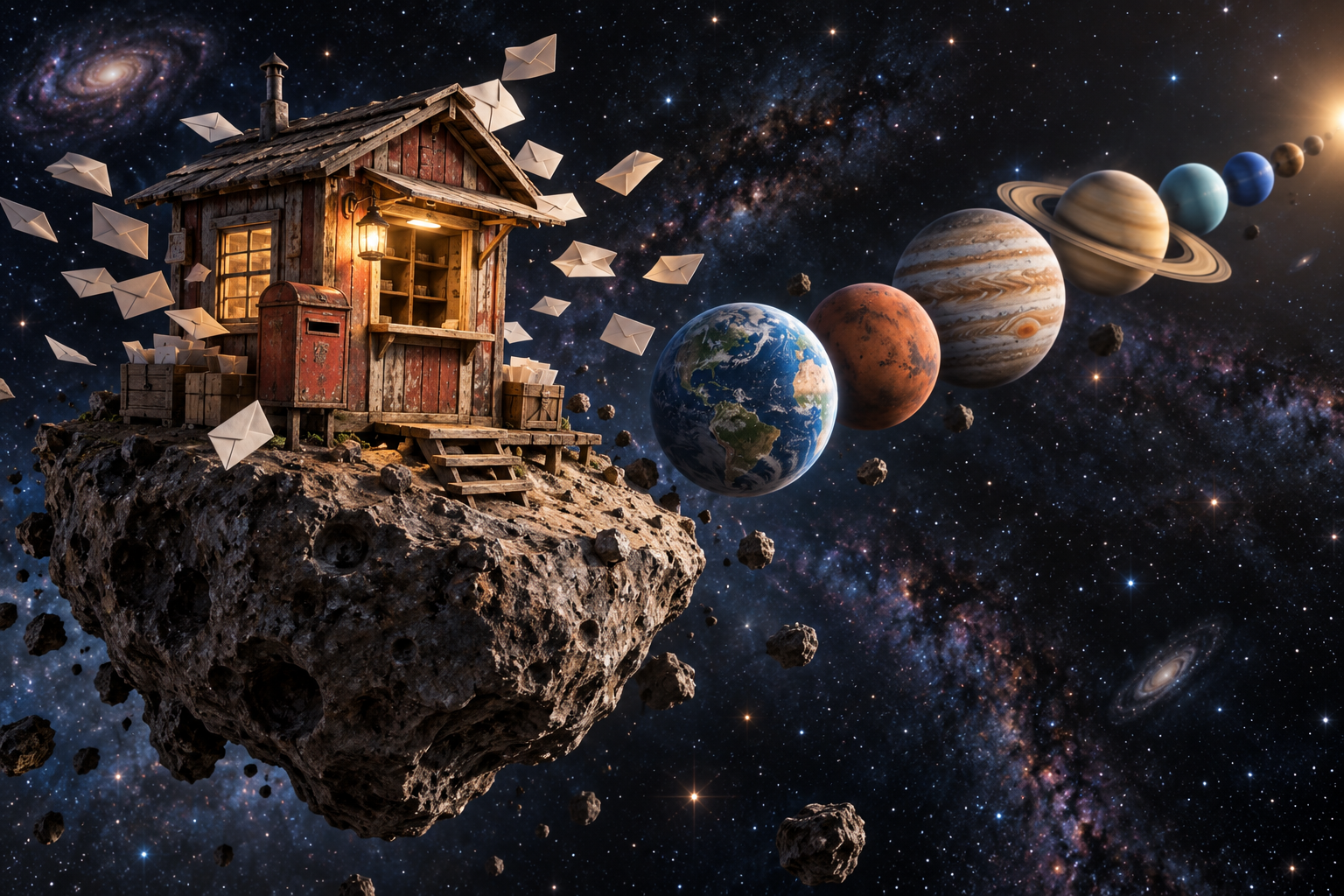 Cabane postale sur un rocher spatial flottant