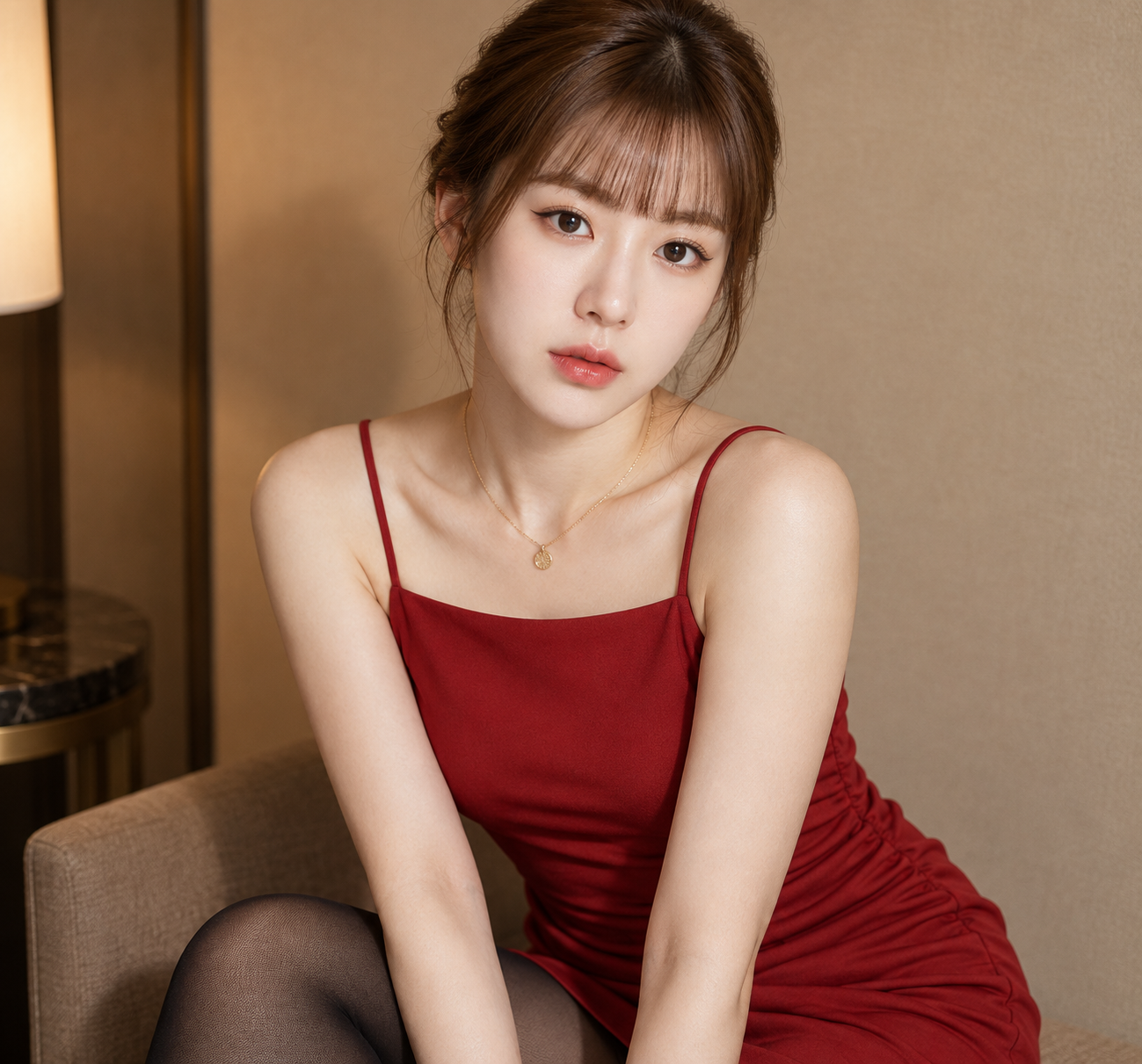 Chân dung thời trang của người phụ nữ trưởng thành mặc váy đỏ trong nội thất màu be ấm áp