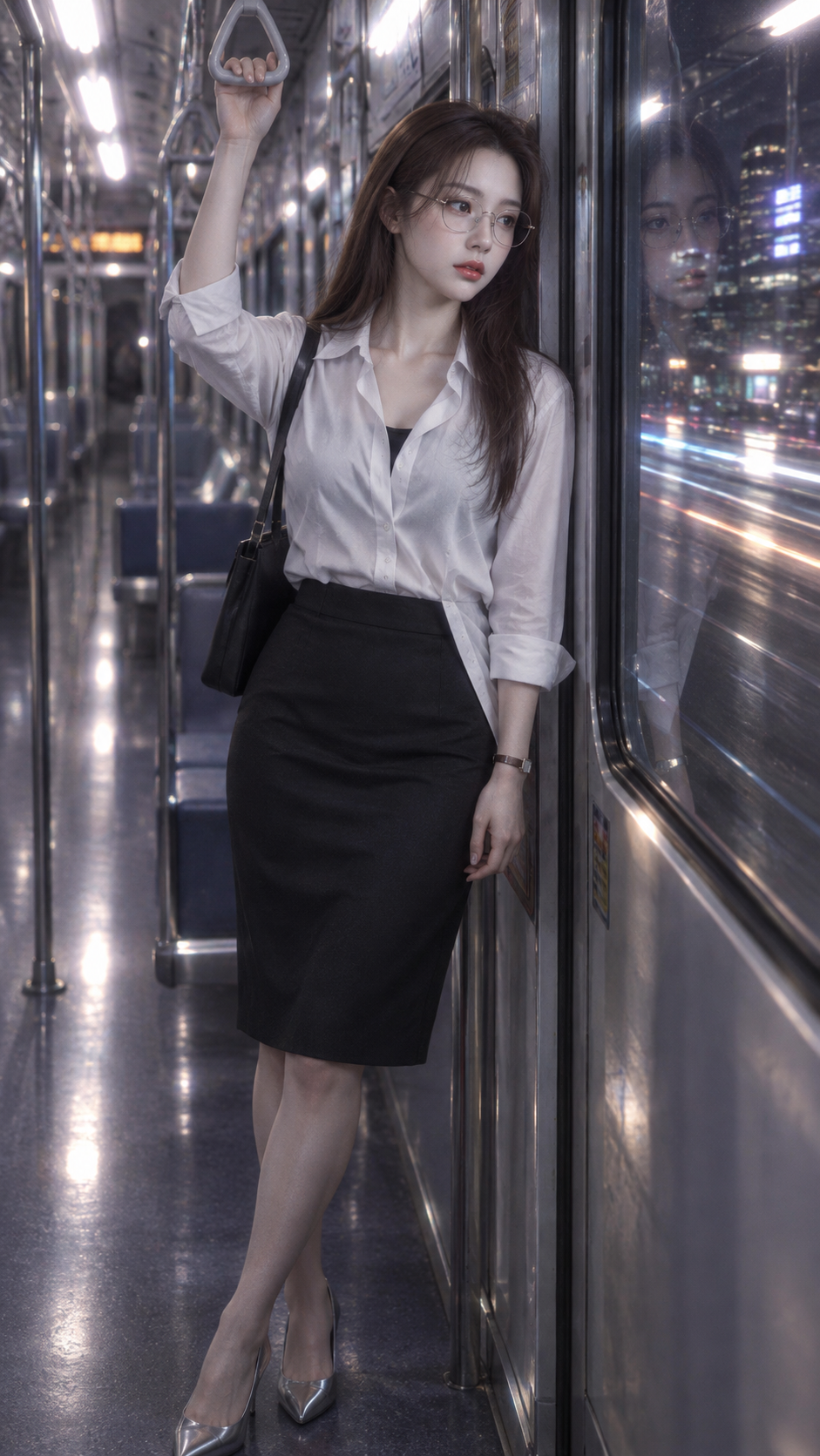 日系写真 深夜の終電 大人女性のファッションポートレート