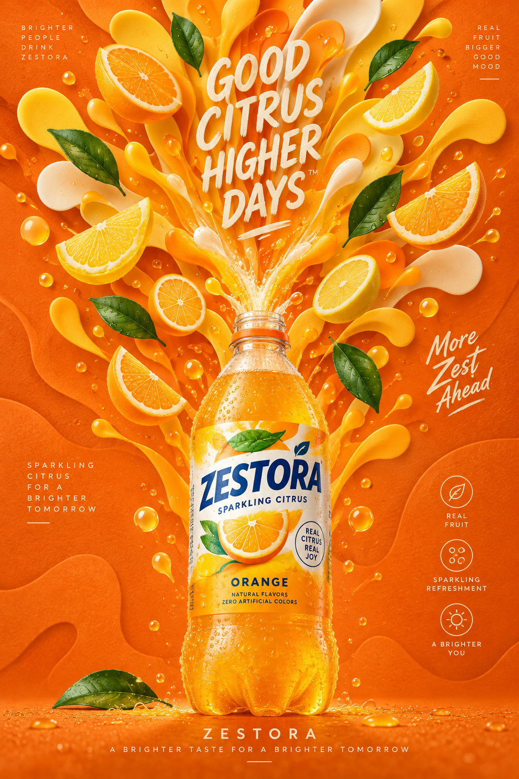 Affiche publicitaire haut de gamme ZESTORA boisson pétillante aux agrumes