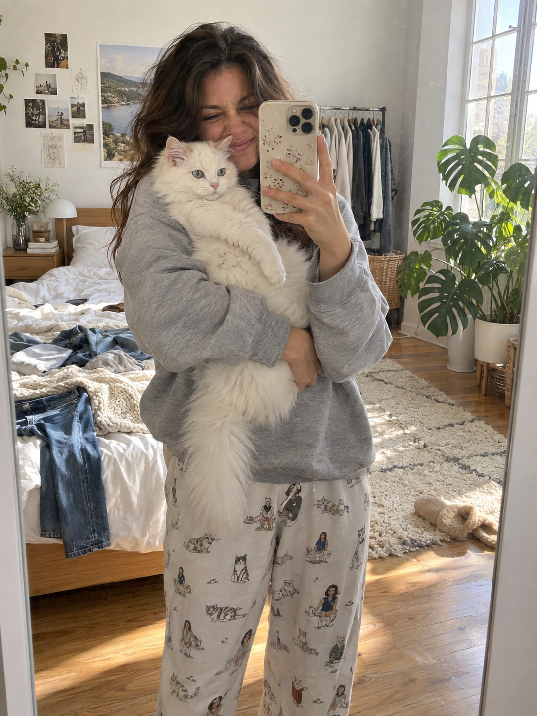 Selfie chaleureux dans le miroir d'une femme tenant un grand chat blanc dans la lumière du matin