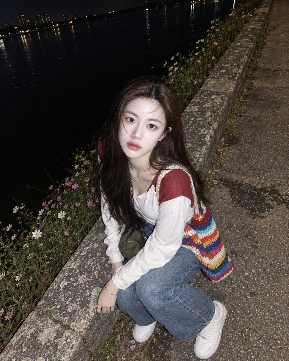 iPhone17俯瞰アングル 韓国風水光肌 川辺の夜景ポートレート