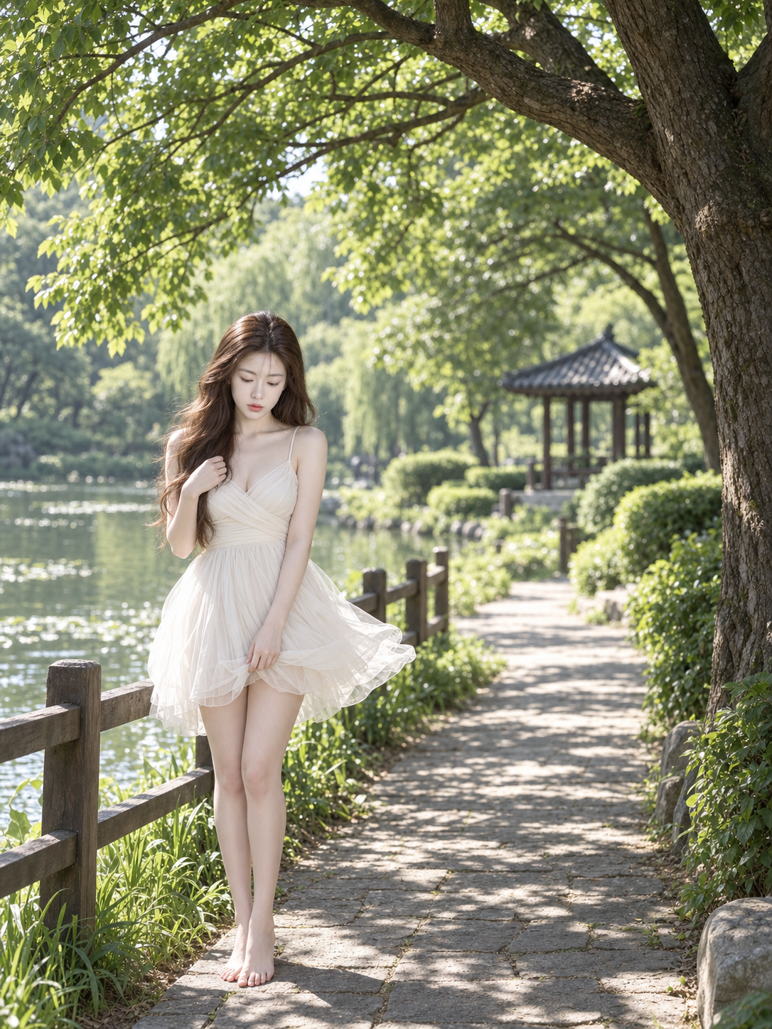 木陰の池で白いチュールドレスのファッション写真