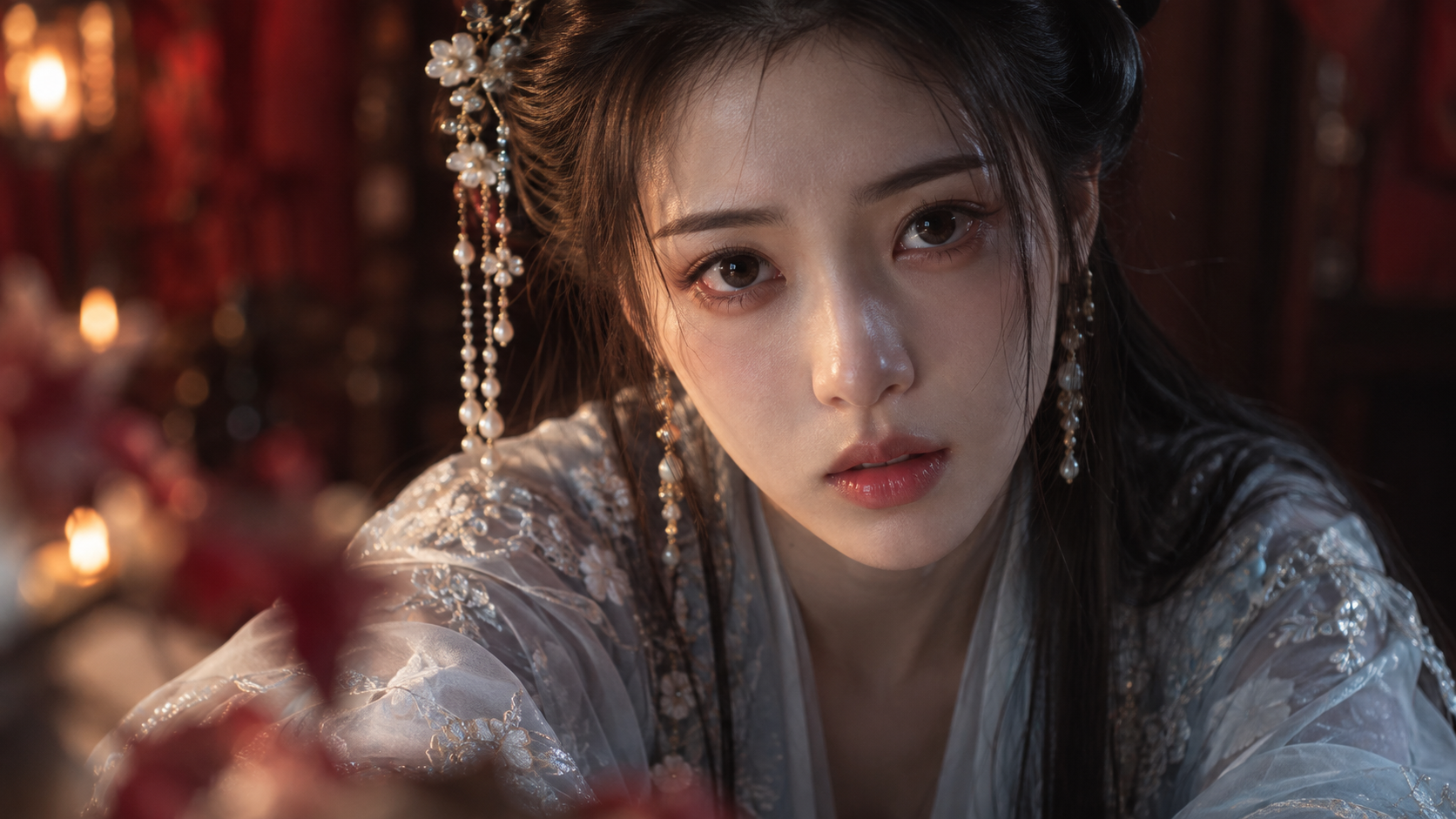 漢服をまとった東洋女性の超写実的なクローズアップ映画風写真