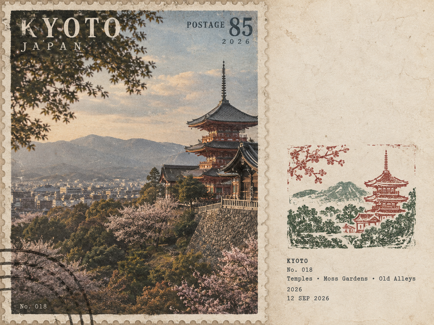 Affiche vintage de timbres de voyage et de sceaux gravés à la main
