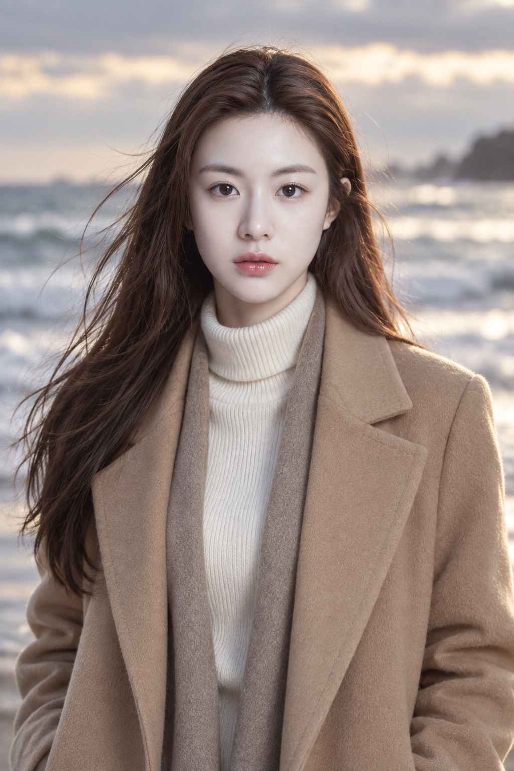 Portrait de magazine sur une plage à la lumière dorée d'hiver