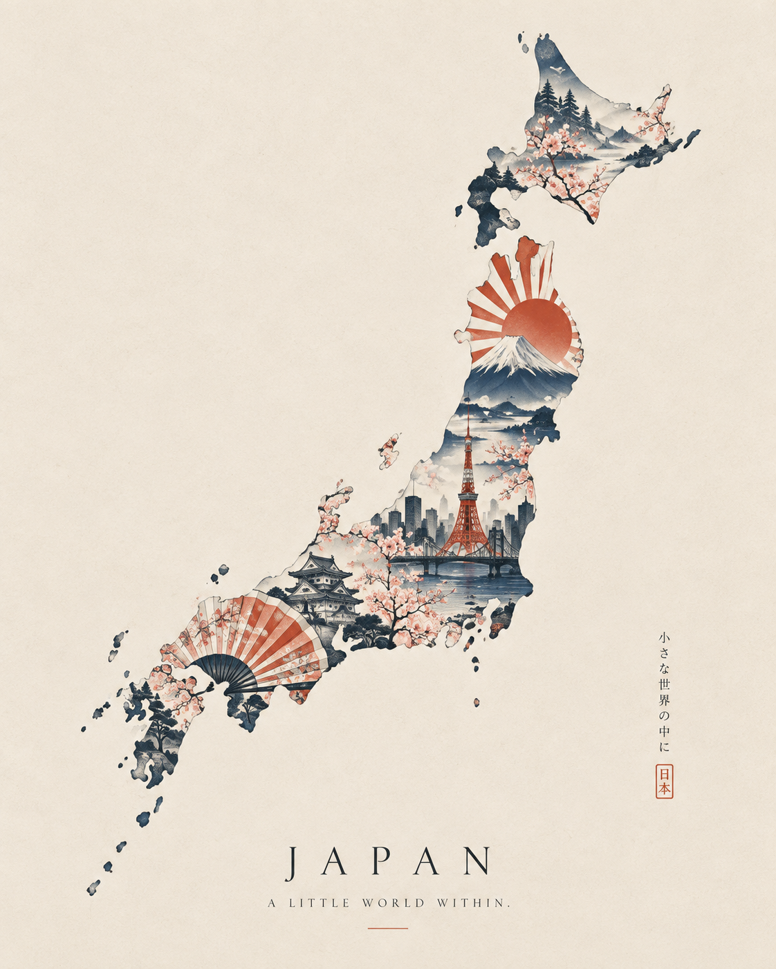Affiche d'art minimaliste d'un monde miniature japonais