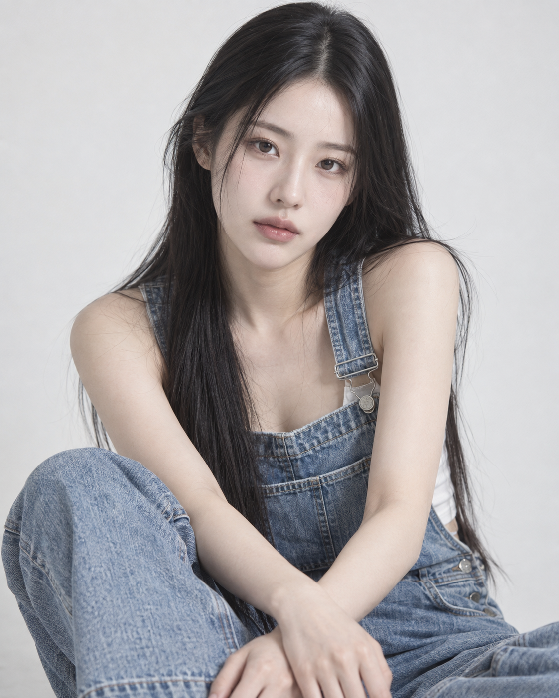 クールな雰囲気の東アジア成人女性のデニムサロペット写実肖像