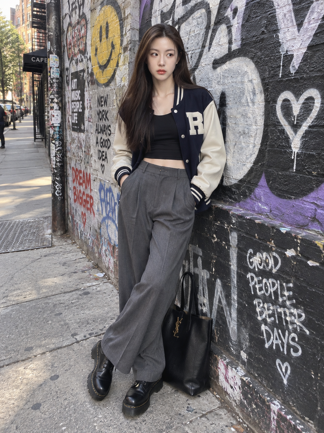 グラフィティウォールの前で撮るファッショナブルな東アジア女性のストリートポートレート
