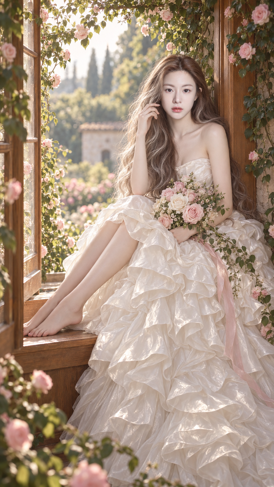 Murmures romantiques des fleurs près de la fenêtre de la jeune fille