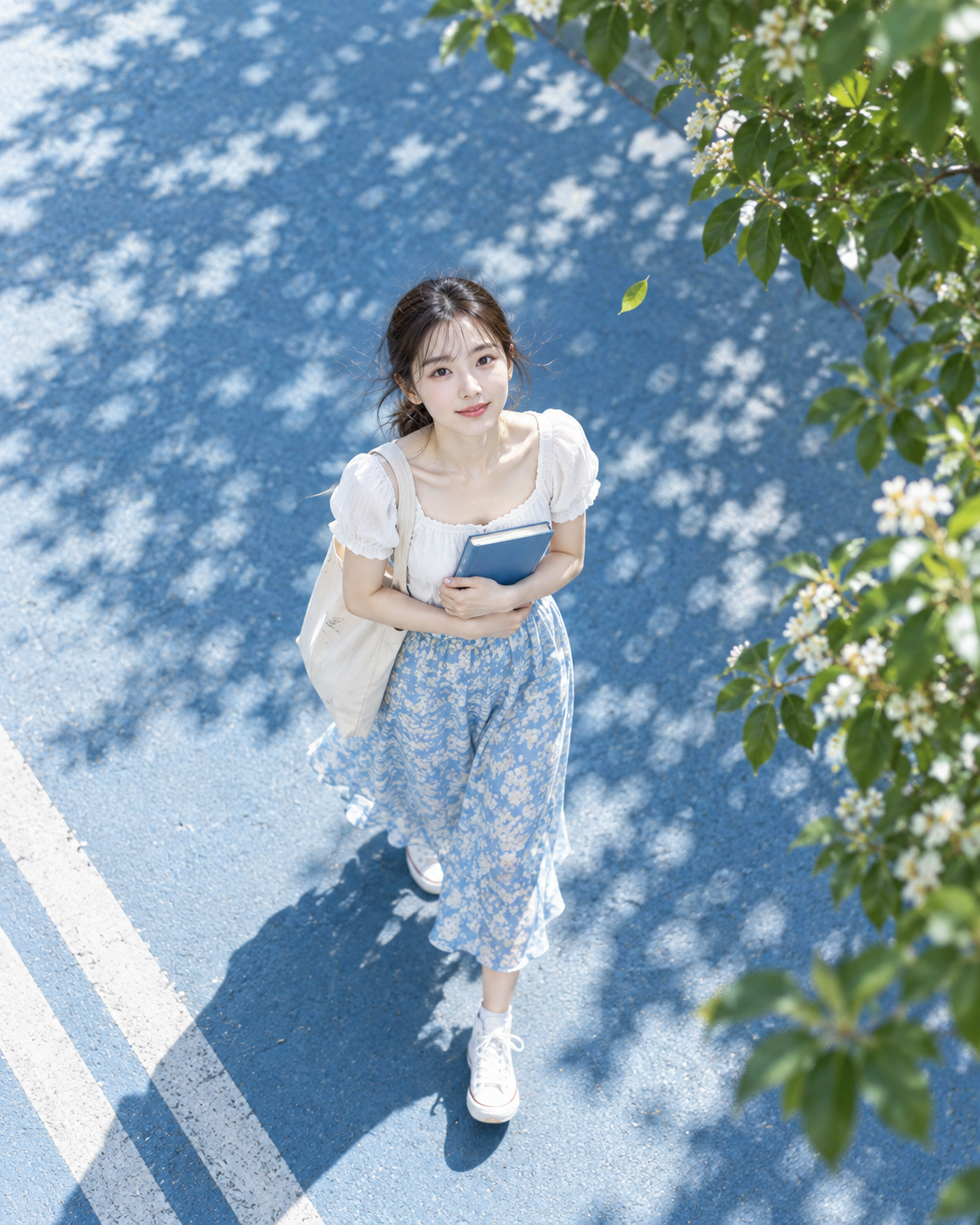 Blue-Toned Sidewalk with Pedestrians and Tree Shadows from Above