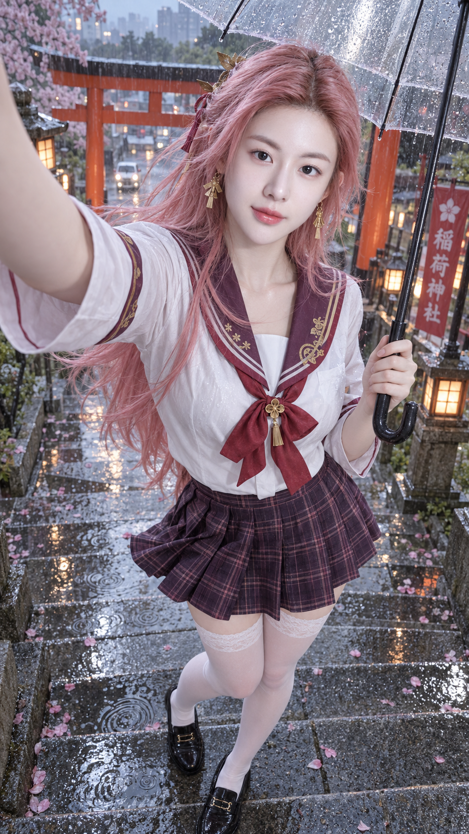 Người phụ nữ trưởng thành selfie bằng điện thoại trên đường vào đền thần dưới mưa