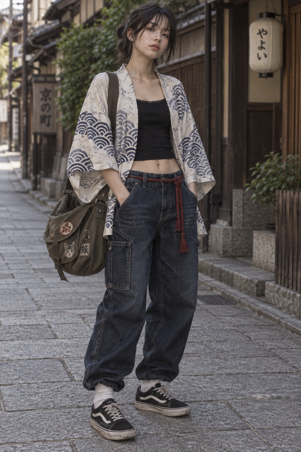 浴衣シャツと深い藍色のワークパンツのコーデ