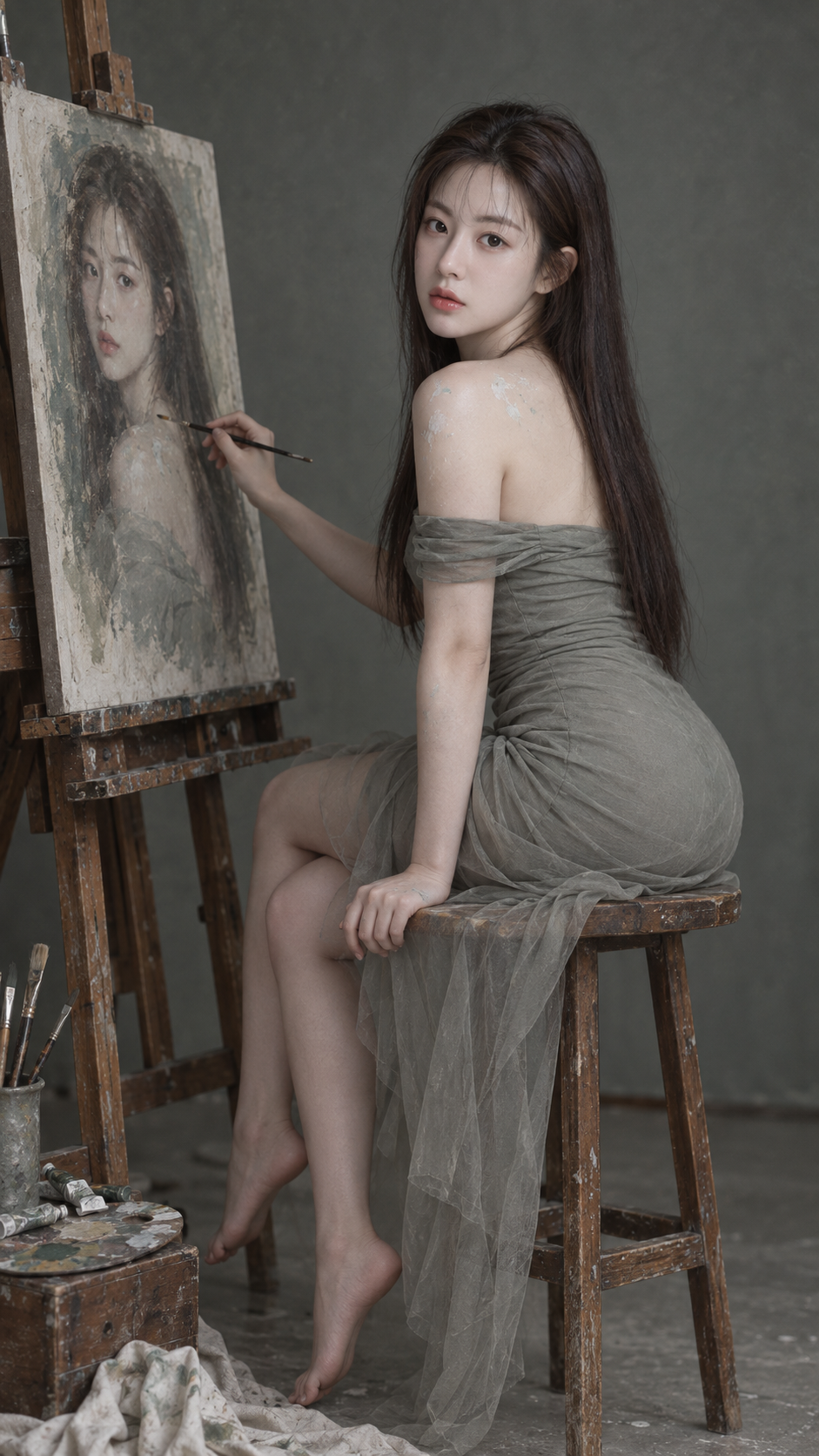 Portrait artistique d'une femme adulte en studio aux tons vert gris