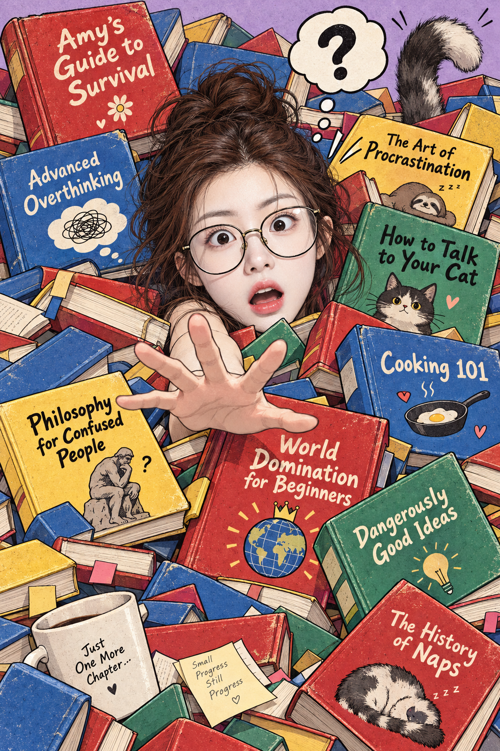 Illustration de bande dessinée d'une fille perplexe dans une montagne de livres