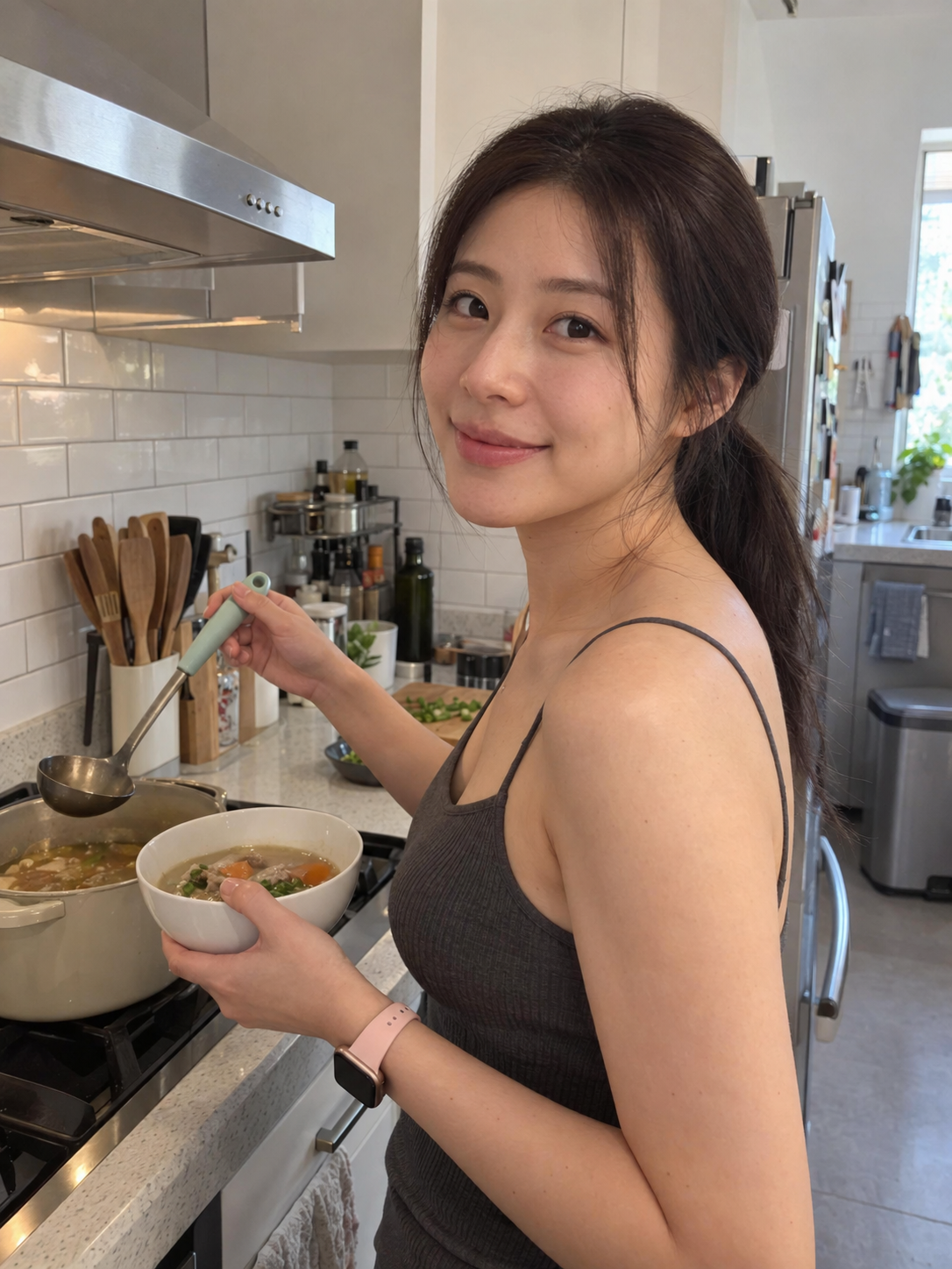 モダンキッチンで料理をする東アジアの女性のスマホスナップ