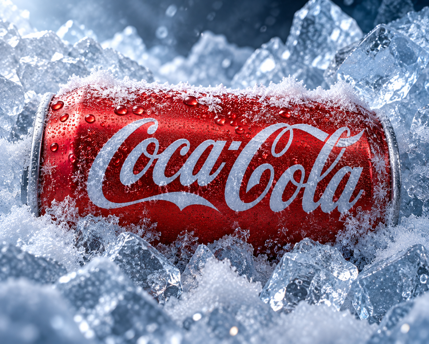 砕けた氷と霜の中のコカ・コーラ缶飲料広告 — AI image creation