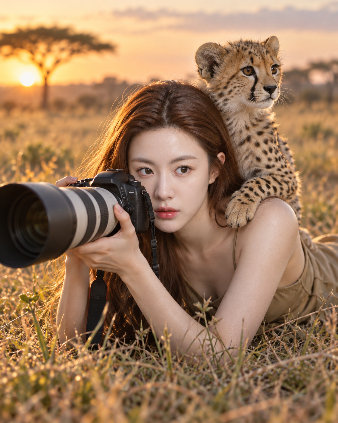 Photographe interagissant avec des petits guépards dans la savane africaine
