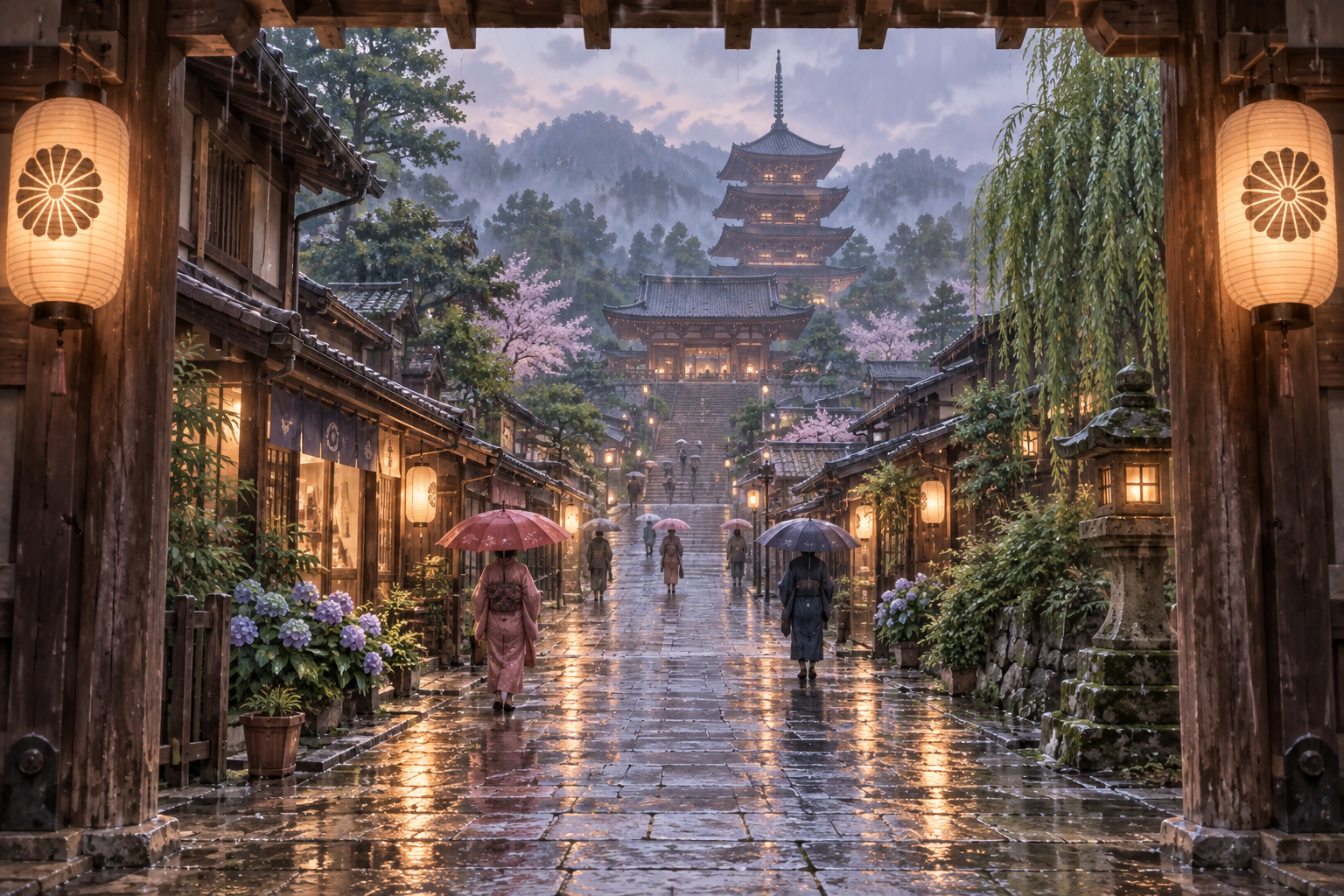 雨に濡れる日本の伝統的な寺町の通り