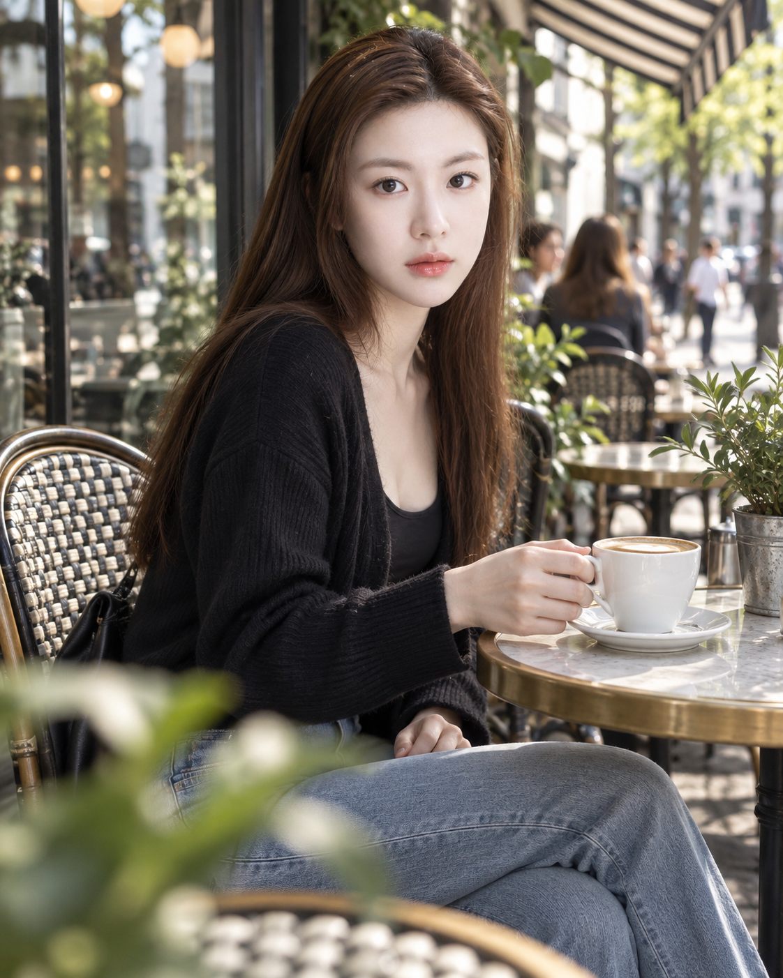 Realistic Portrait of a Woman in Her Twenties on a Café Terrace