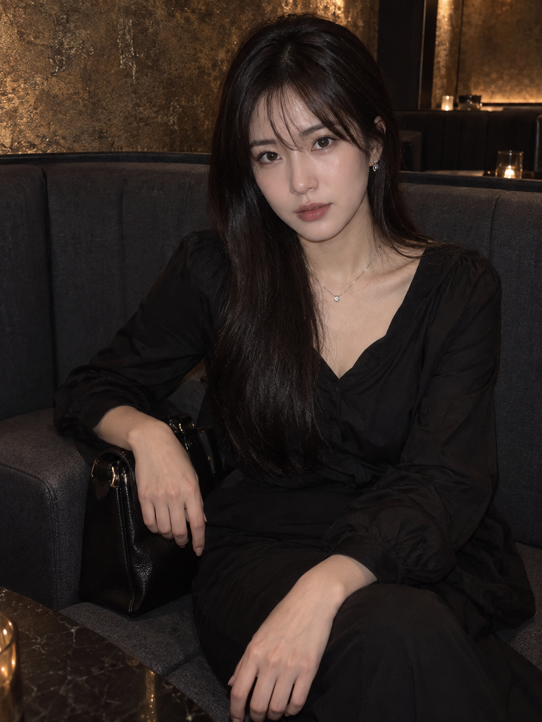 暗いボックス席と黒いスパンコールの成人東アジア女性の夜景ポートレート