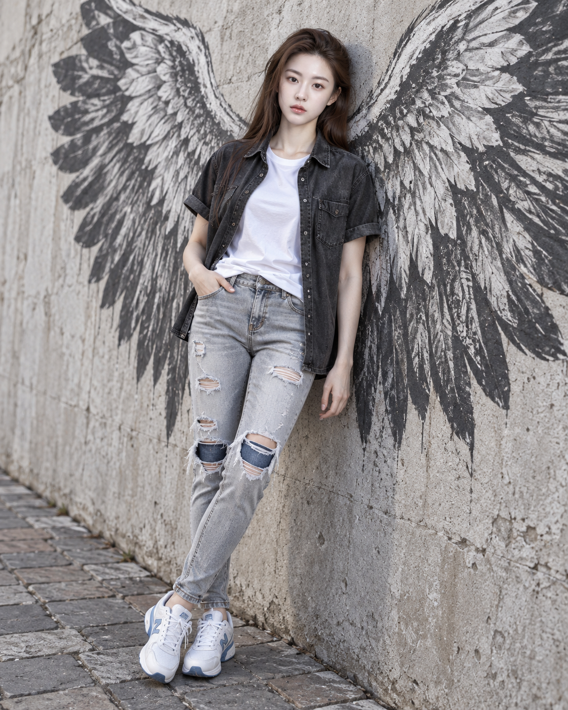 Portrait hyperréaliste d'ailes d'ange poussant devant un mur gris urbain