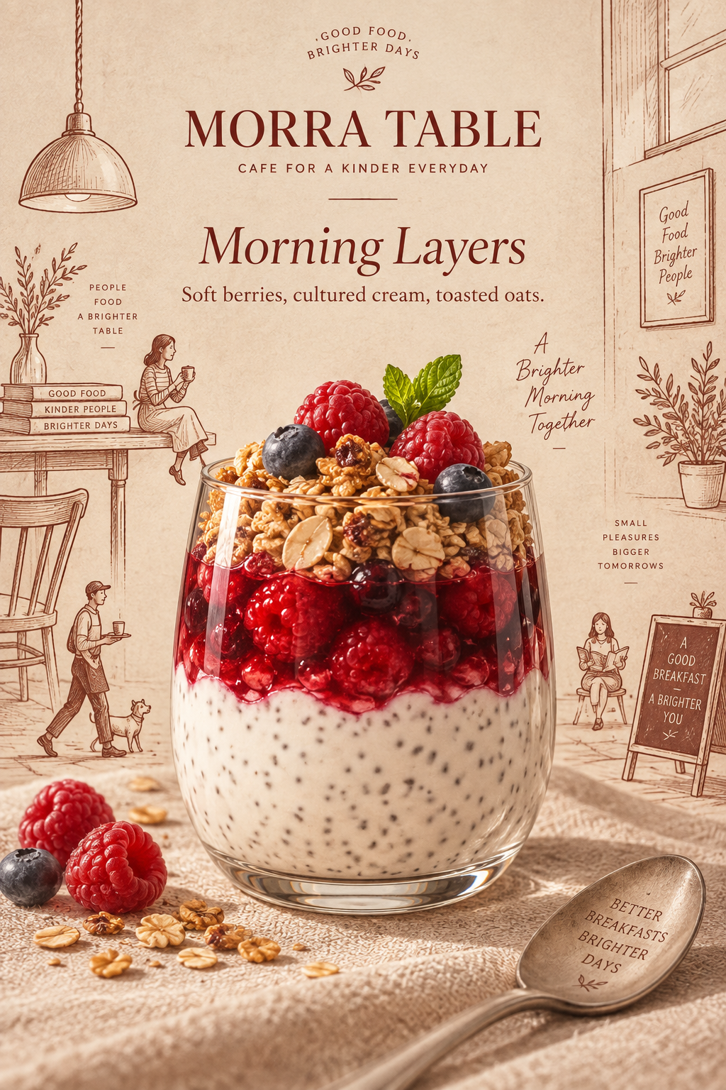 Affiche publicitaire haut de gamme pour petit-déjeuner, texture dessinée à la main sur table en bois