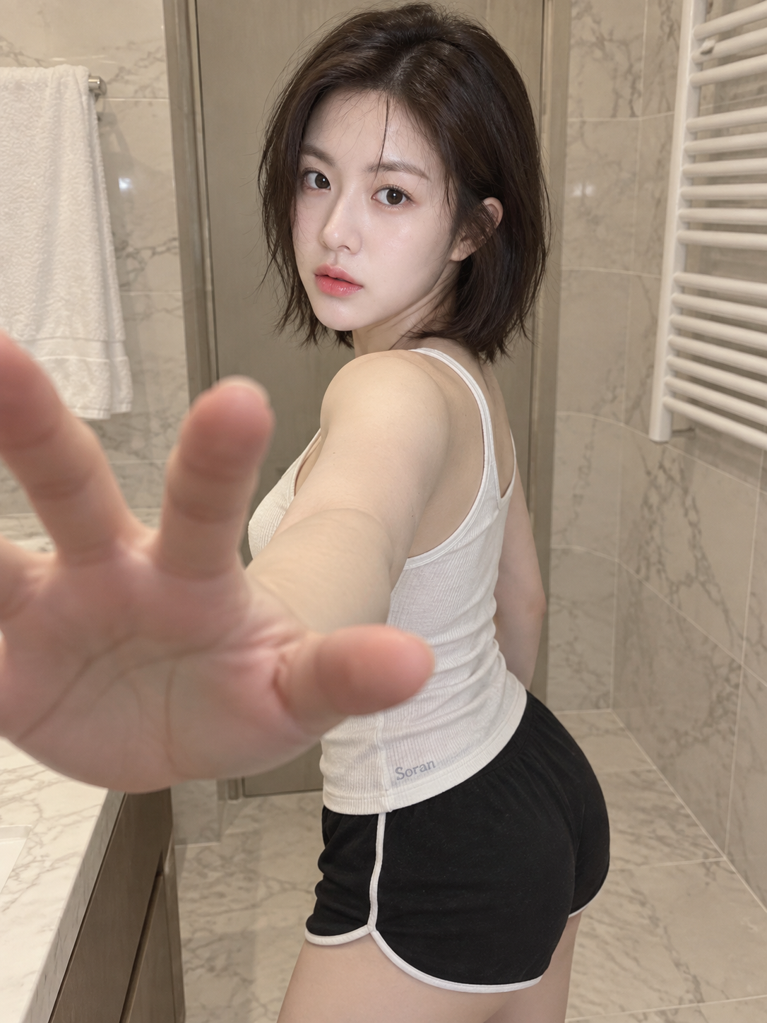 Portrait réaliste d'une femme adulte sur un canapé beige clair