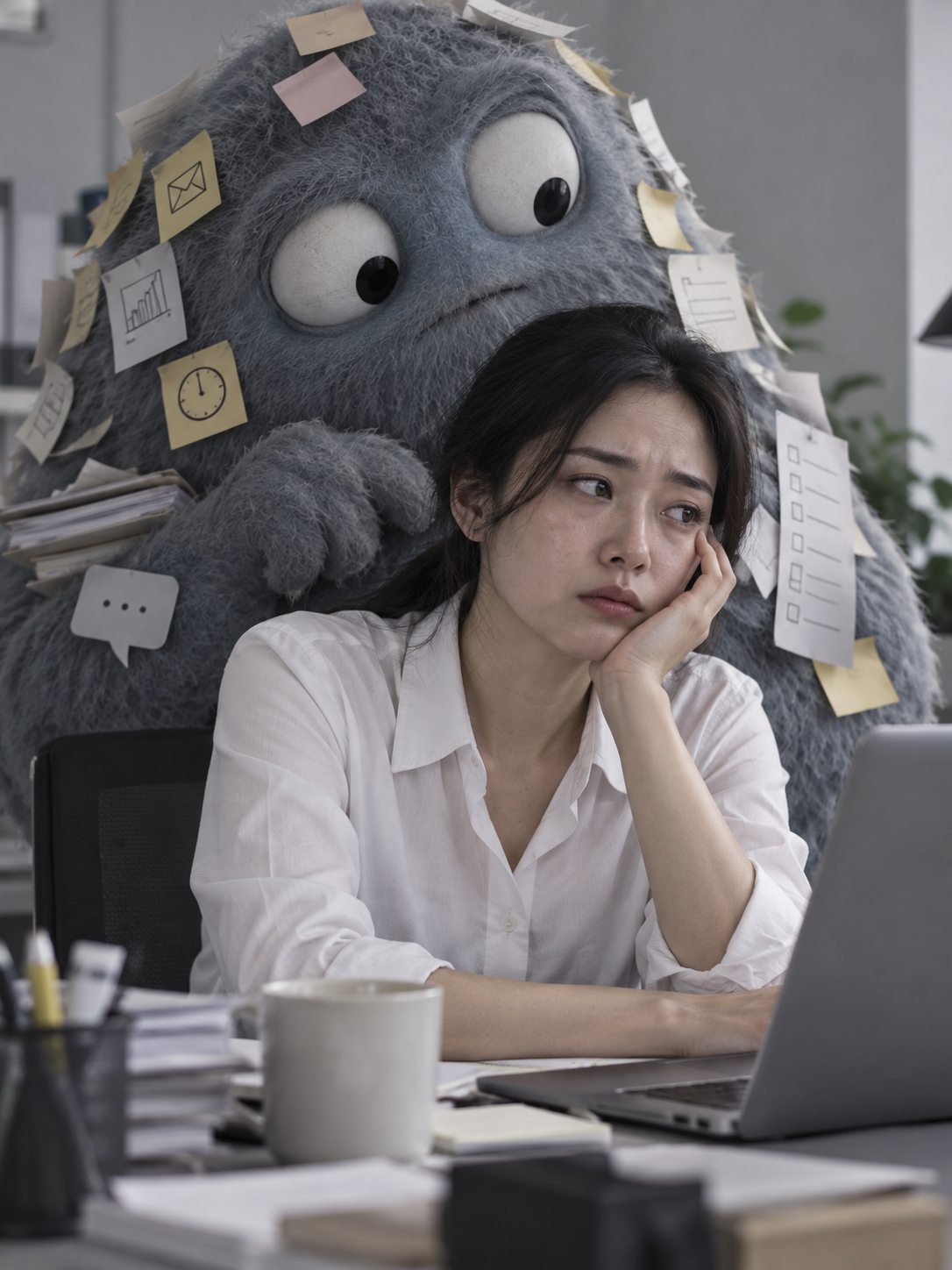 働く大人の女性と不安のモンスターのクリエイティブ写真