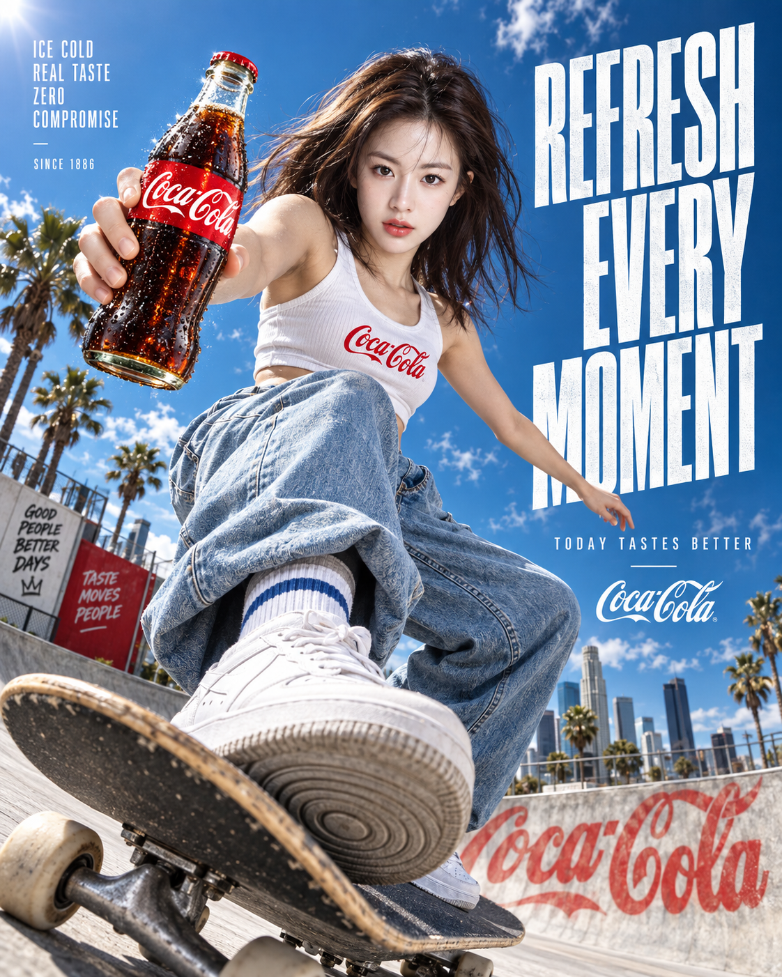 屋外スケートボード少女ファッションコーラ広告