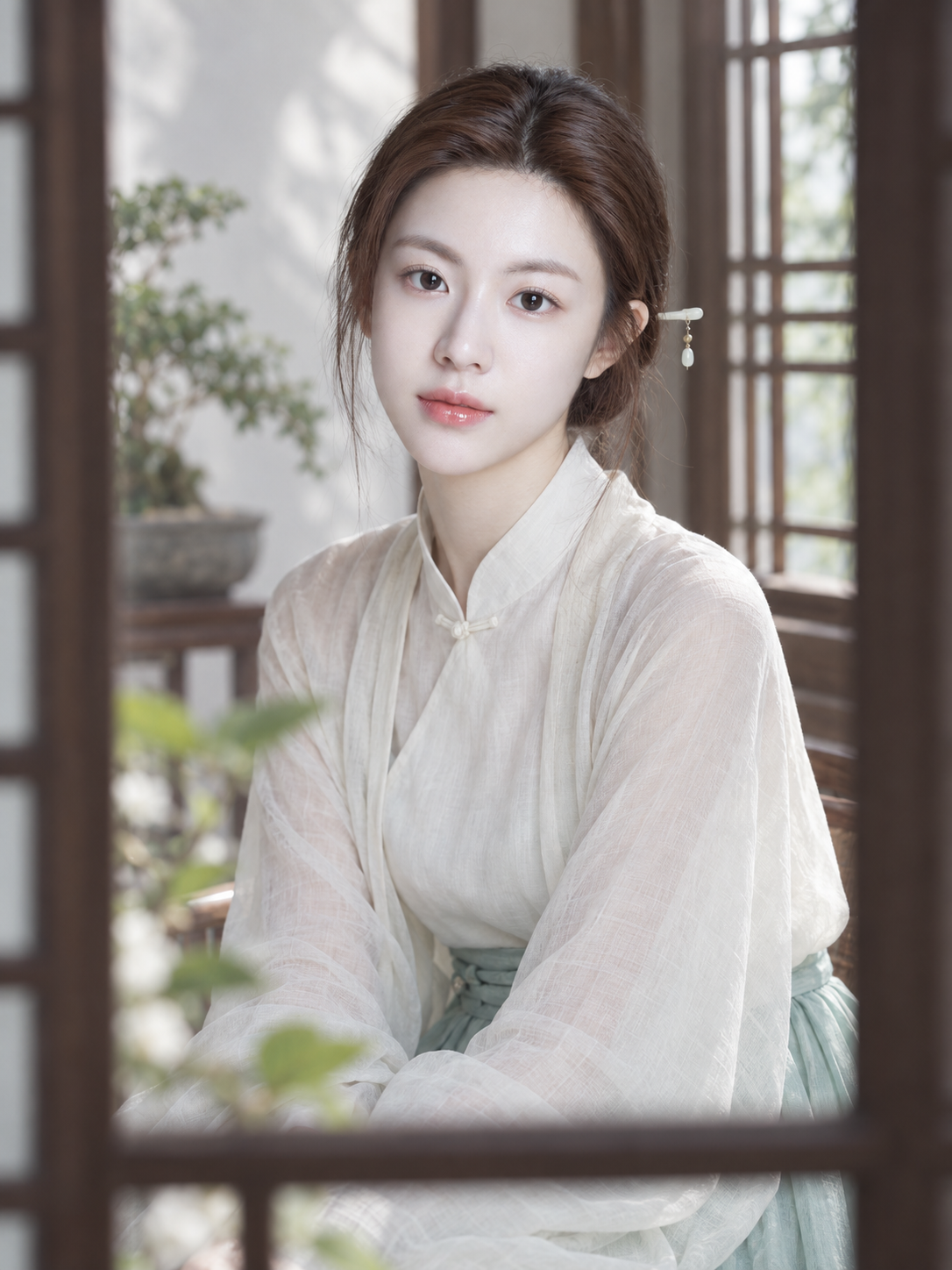 Portrait en lumière naturelle, brume douce blanc lunaire, style chinois moderne