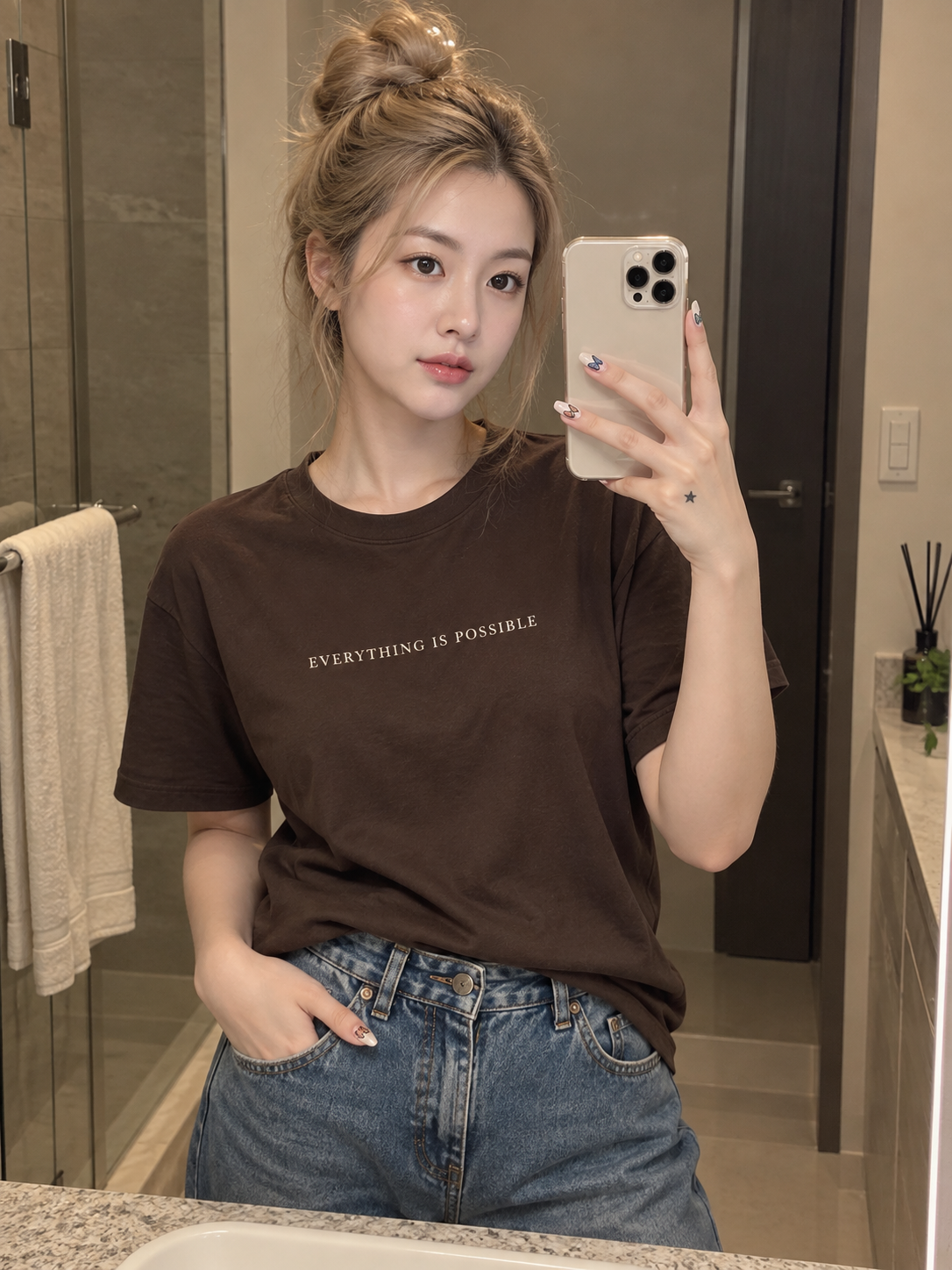 Ảnh selfie thời trang thường ngày của phụ nữ trưởng thành trước gương phòng tắm