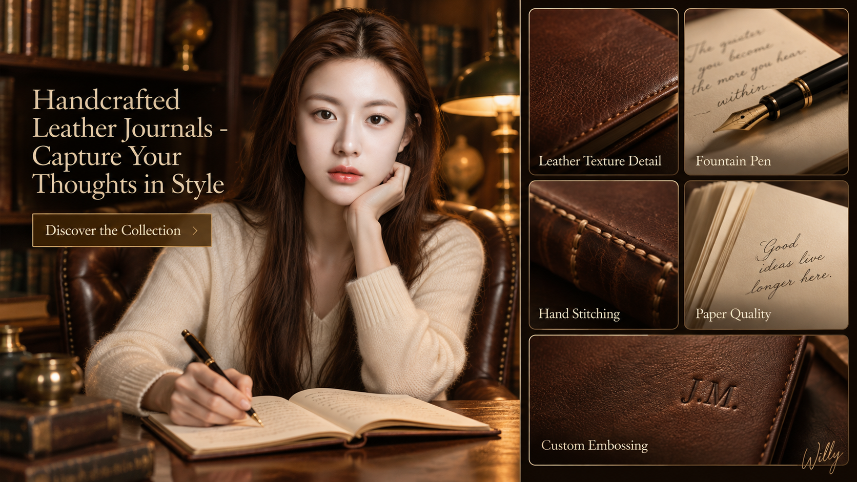 Luxe discret et parfum de livre : design web d'un journal en cuir fait main