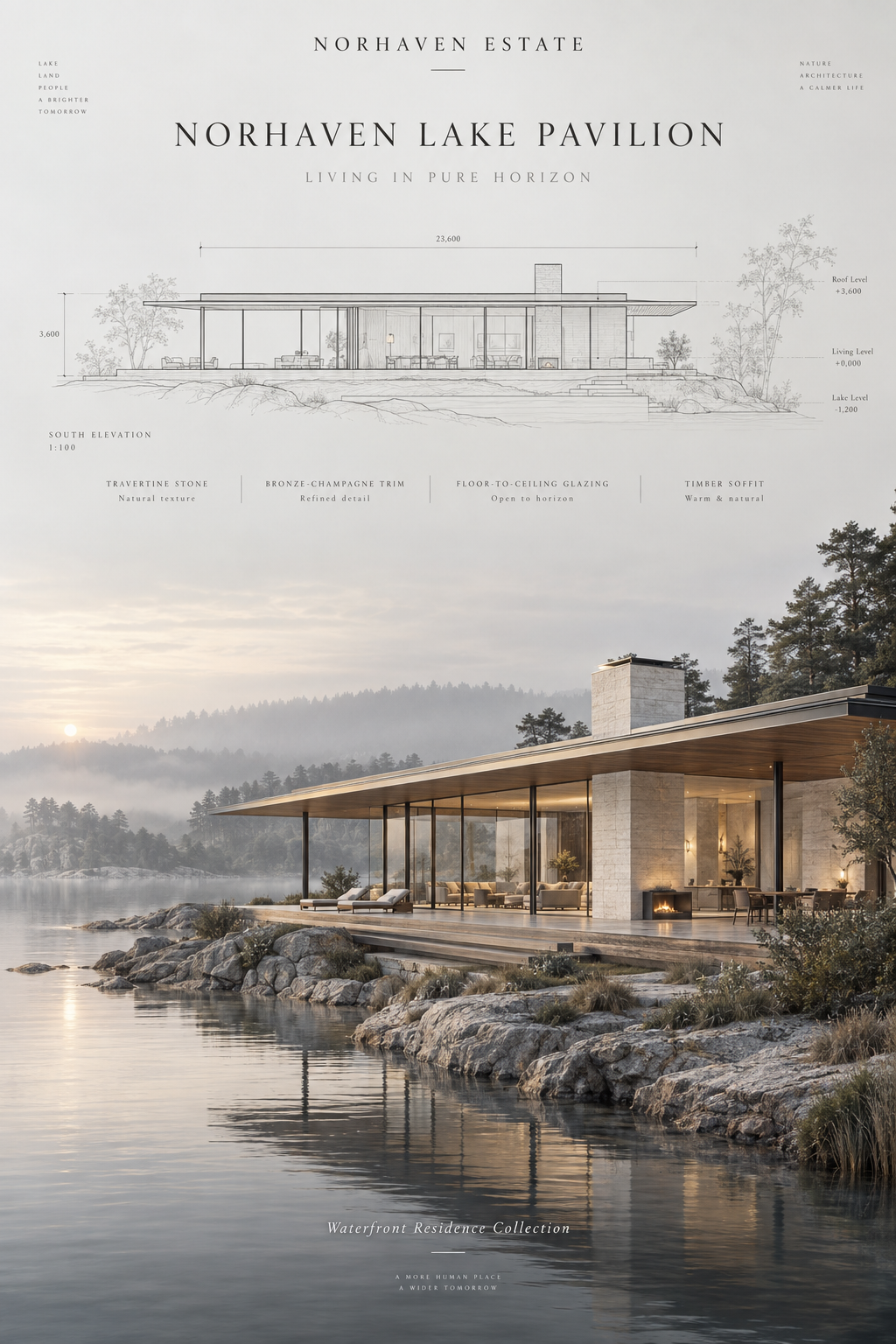 极简奢华湖畔住宅建筑销售海报