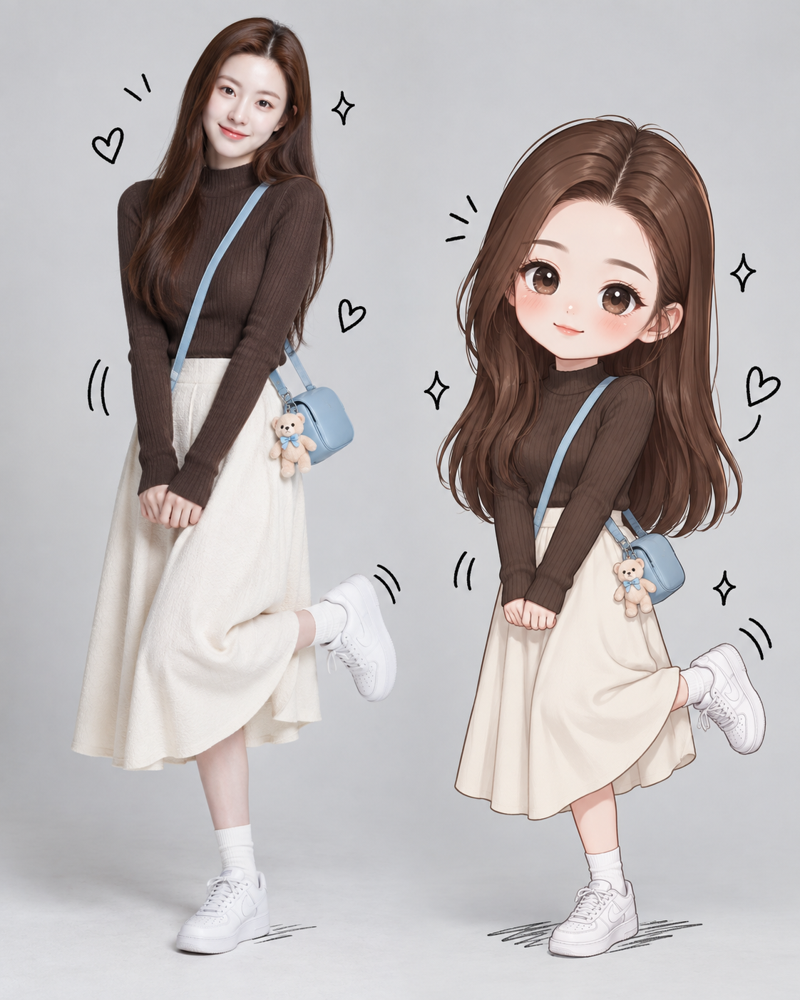 リアル少女とちびキャラの対比構図