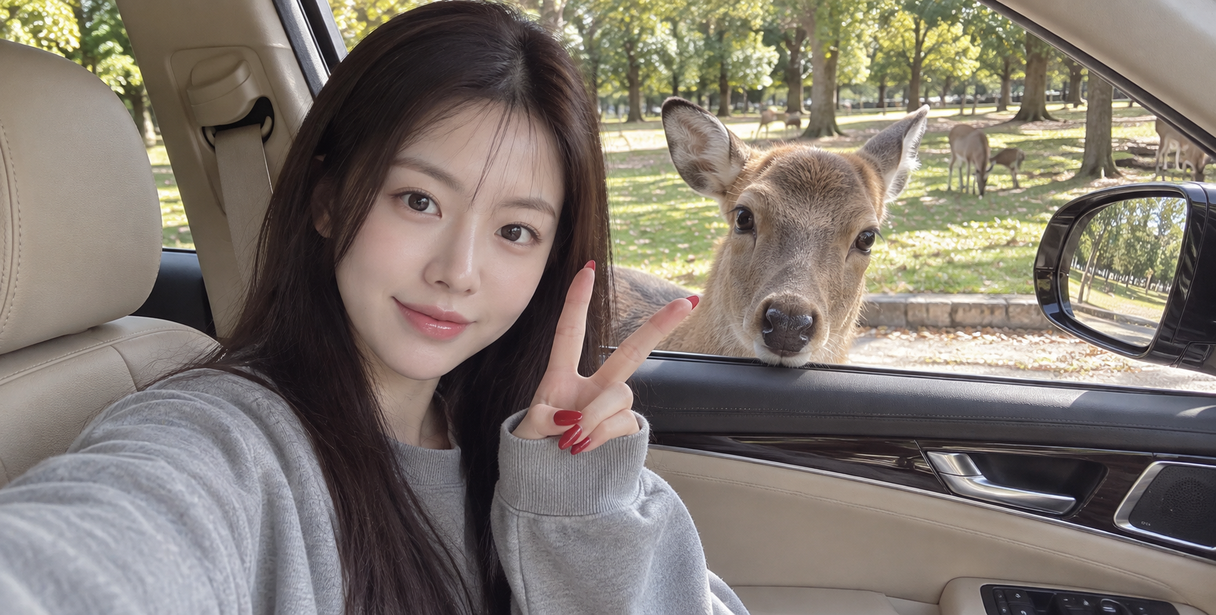 車内で鹿とふれあう大人の女性の旅行ライフ写真
