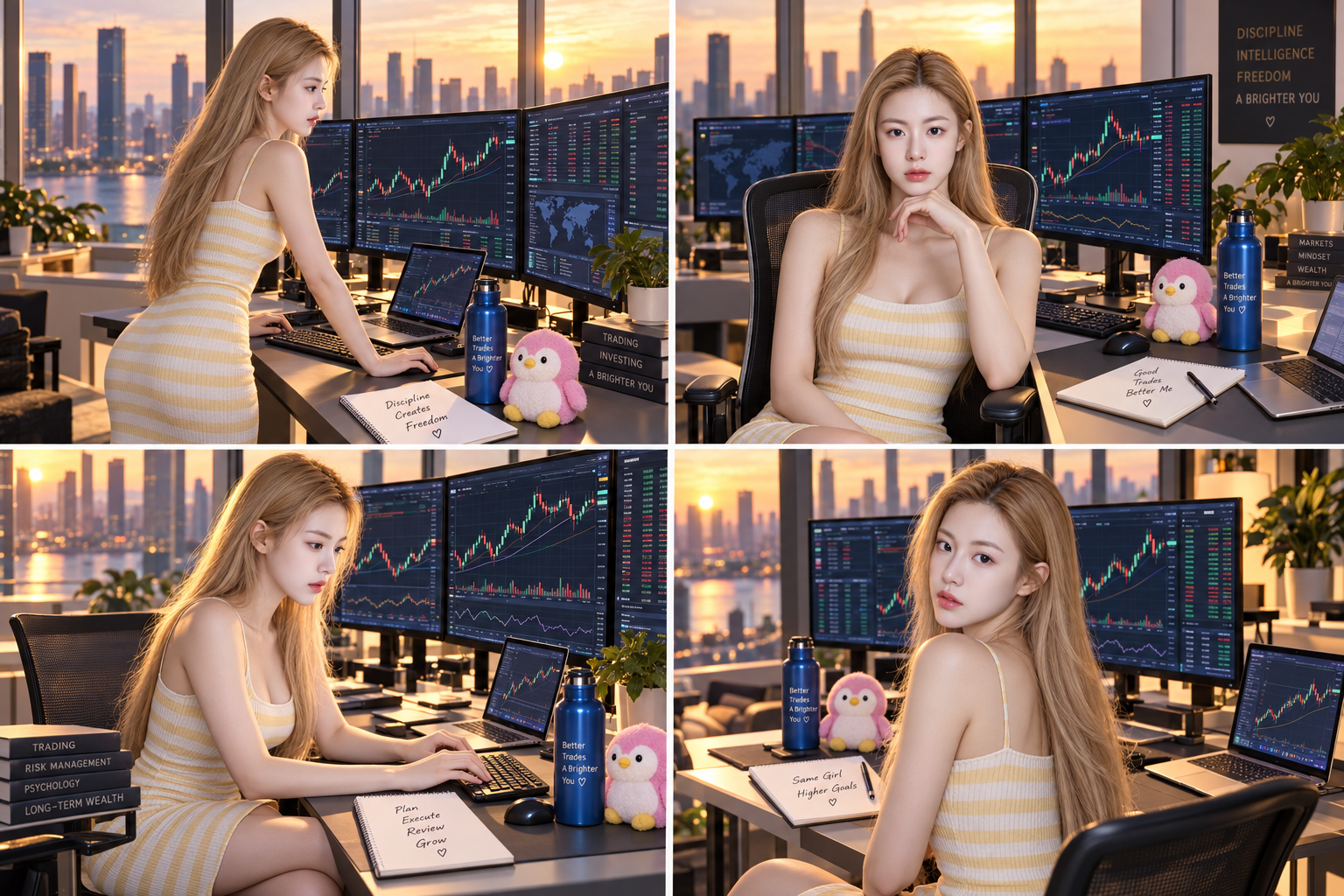 Collage of a Blonde Female Trader in the City at Sunset